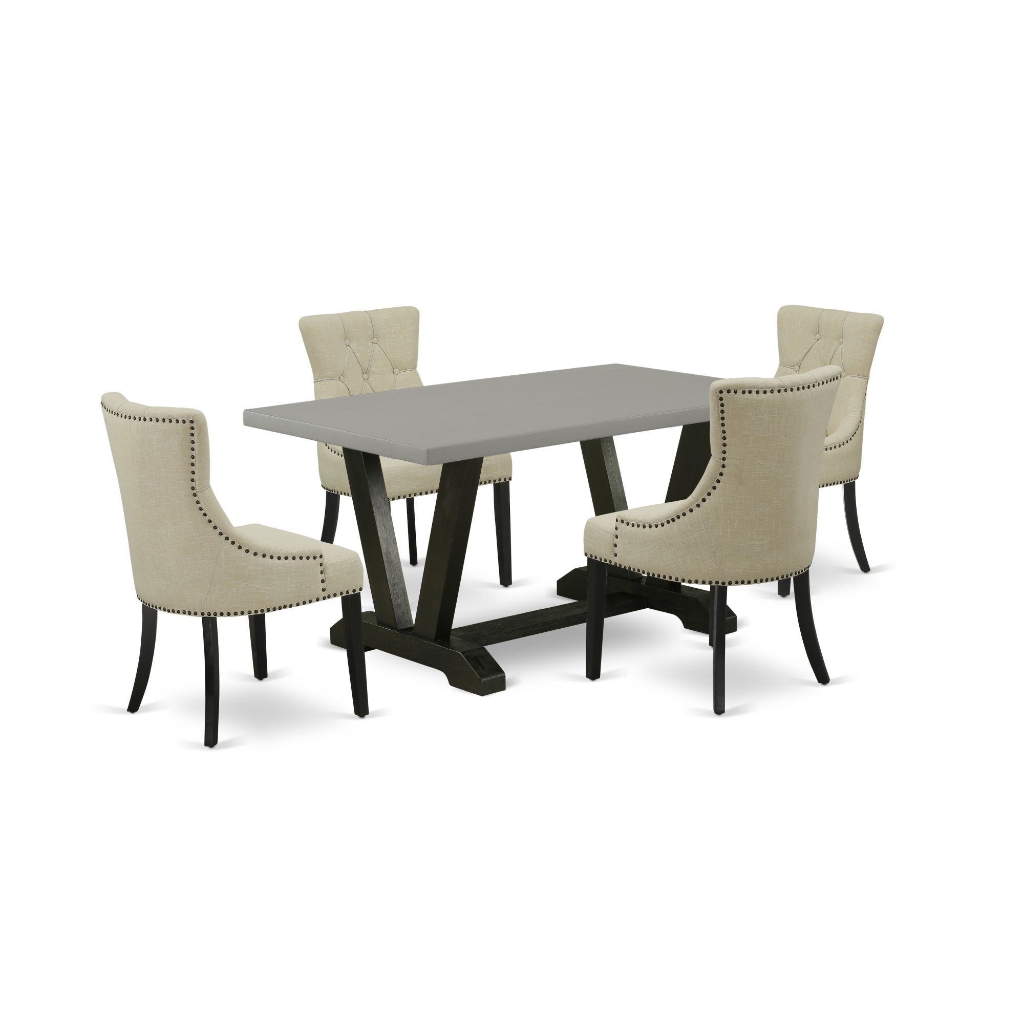 East West Furniture V696Fr102-5 5-Pc Dinette Set - 4 Upholstered Dining Chairs And 1 Modern Rectangular Cement Breakfast Table With Button Tufted Chair Back - Wire Brushed Black Finish