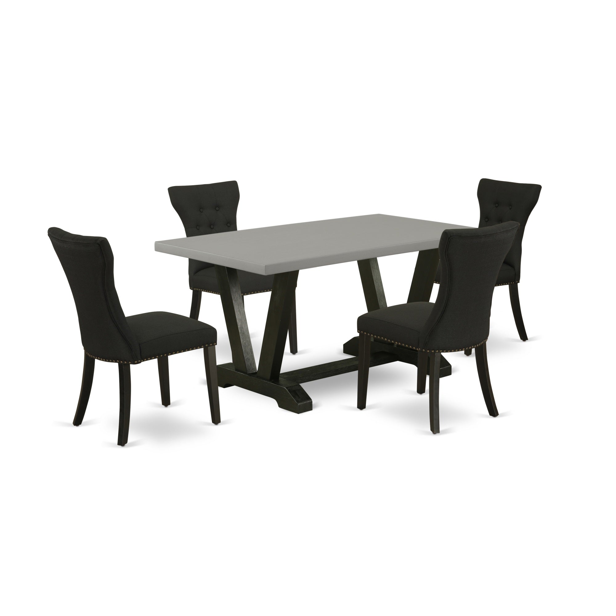 East West Furniture V696Ga124-5 5-Pc Modern Dining Set - 4 Dining Chairs And 1 Modern Rectangular Cement Kitchen Table Top With Button Tufted Chair Back - Wire Brushed Black Finish