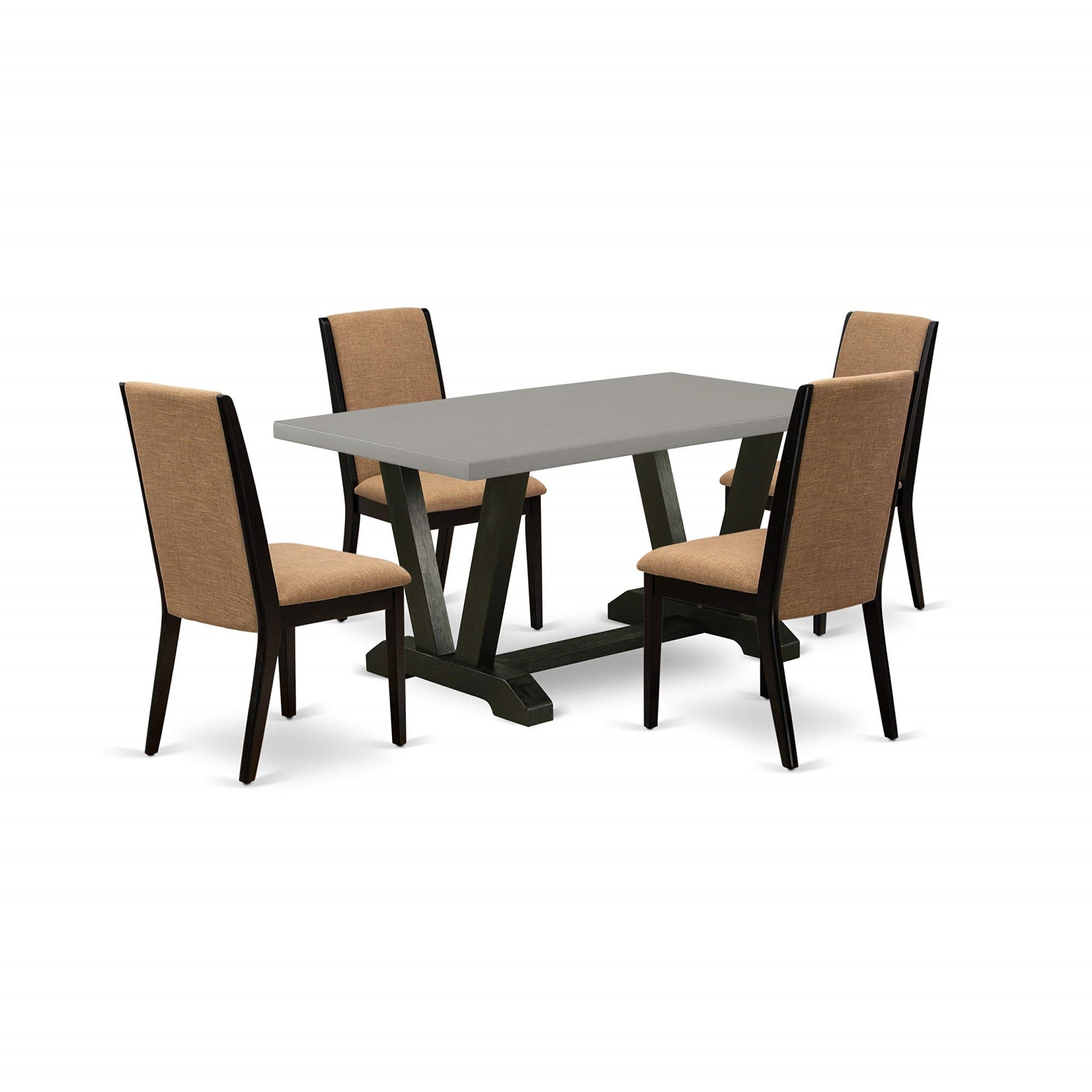 Ergode V696La147-5, 5-Piece Kitchen Set, Rectangle Dining Table With V-Legs, 4 Light Sable Linen Fabric Upholstered Chairs, 36X60 Inch