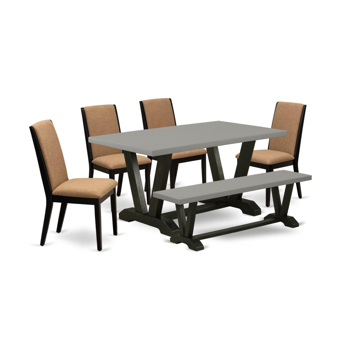 Casafoyer V-Style 6 Piece Set Contains A Rectangle Dining Room Table And 4 Light Sable Linen Fabric Parson Chairs With A Bench, 36X60 Inch, Multi-Color