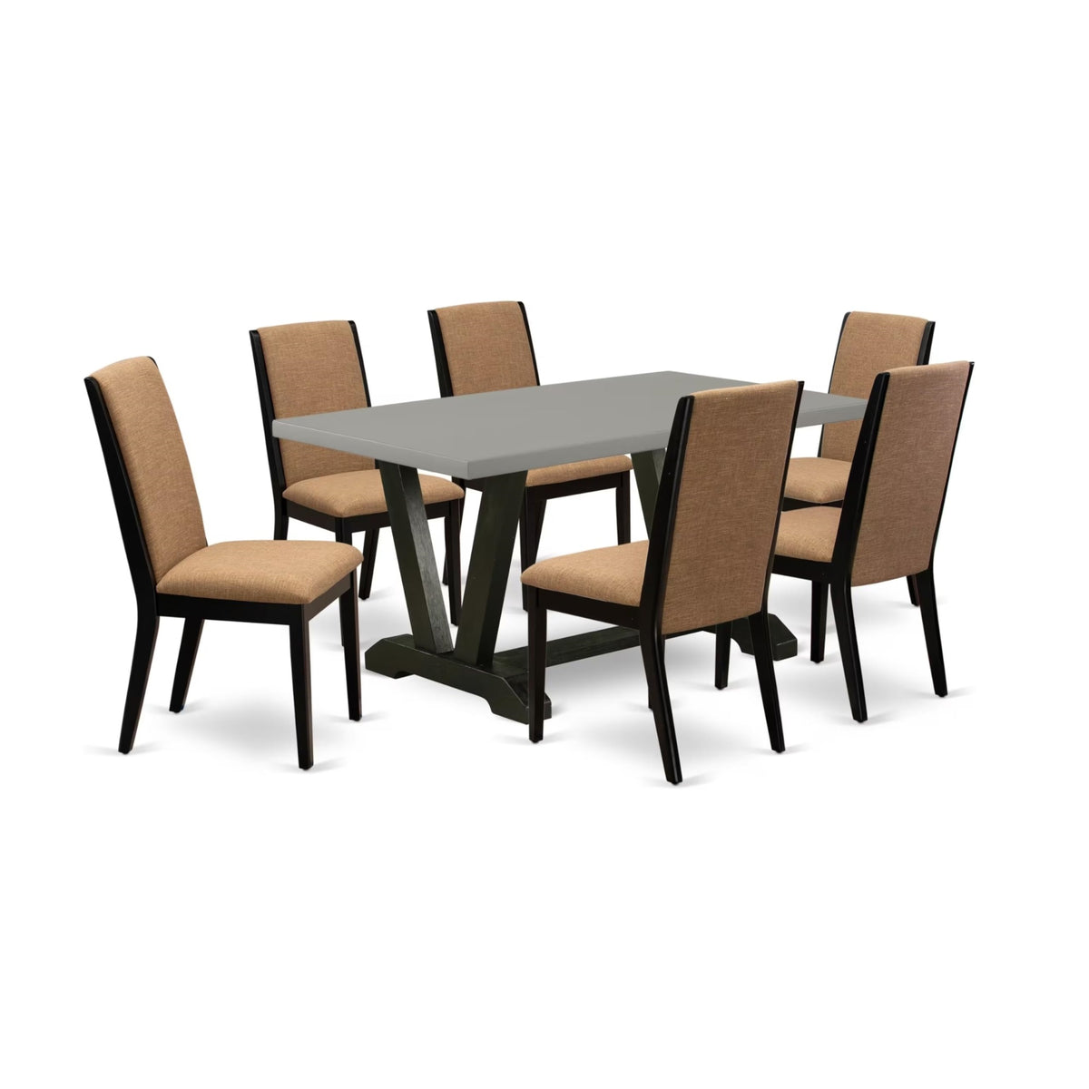 Casafoyer V-Style 7 Piece Room Furniture Set Consist Of A Rectangle Dining Table With V-Legs And 6 Light Sable Linen Fabric Upholstered Chairs, 36X60 Inch, Multi-Color