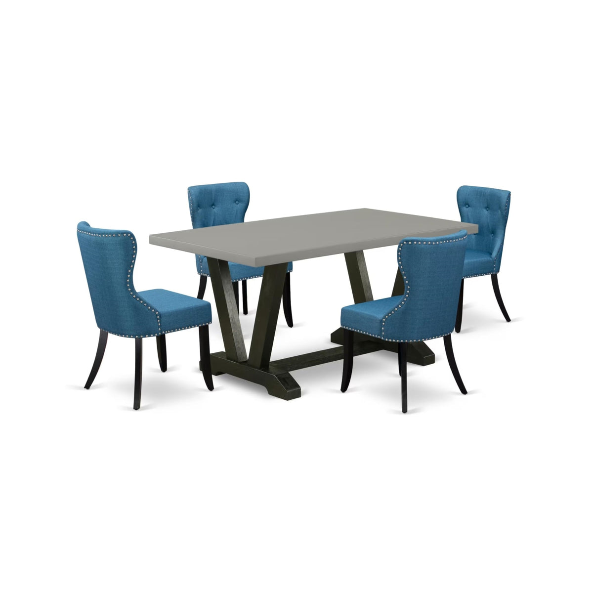Casafoyer V-Style 5 Piece Dinette Set Includes A Rectangle Dining Room Table With V-Legs And 4 Blue Linen Fabric Upholstered Parson Chairs, 36X60 Inch, Multi-Color
