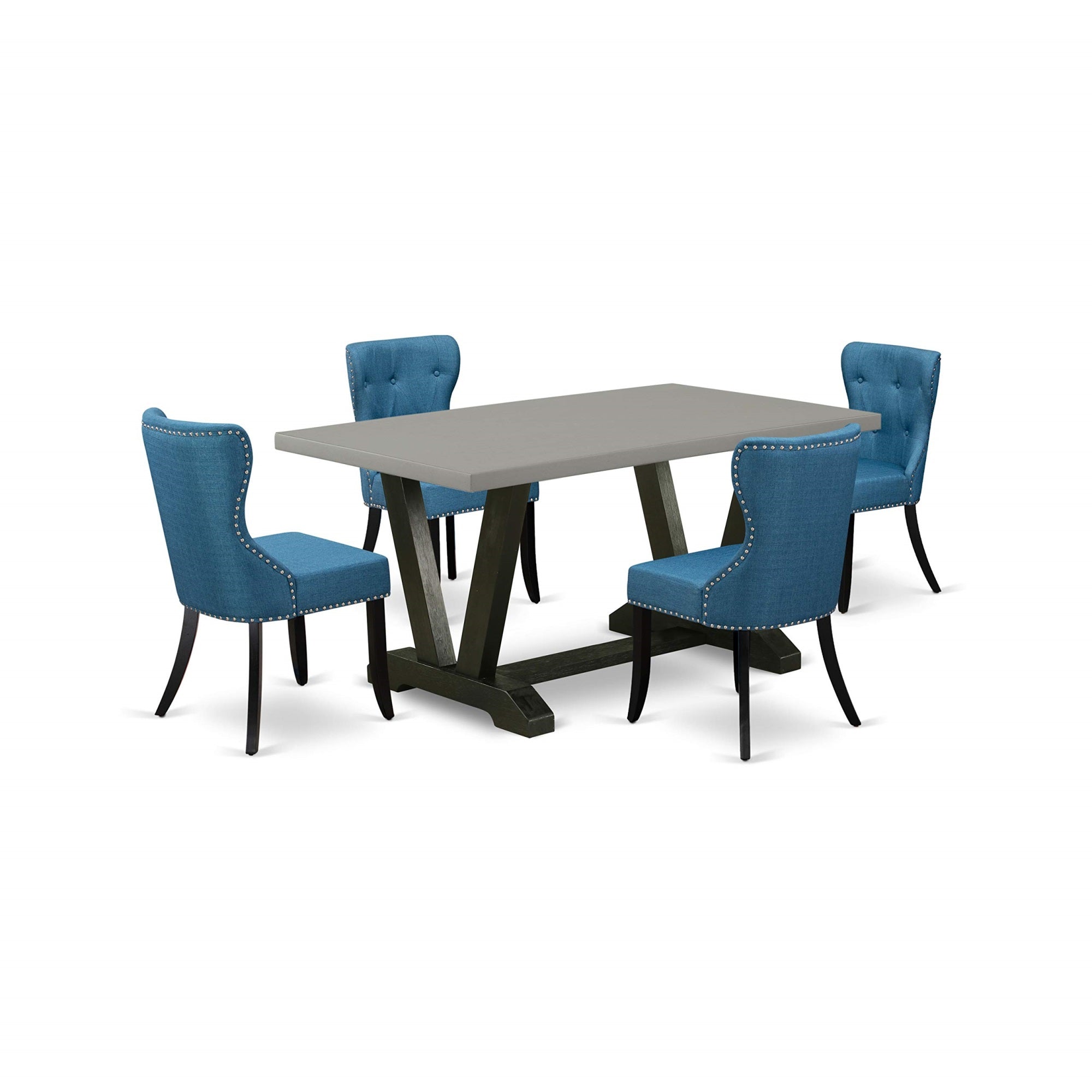 Ergode V696Si121-5, 5-Piece Dining Set, Rectangle Table With V-Legs, 4 Blue Linen Parson Chairs, 36X60 Inch