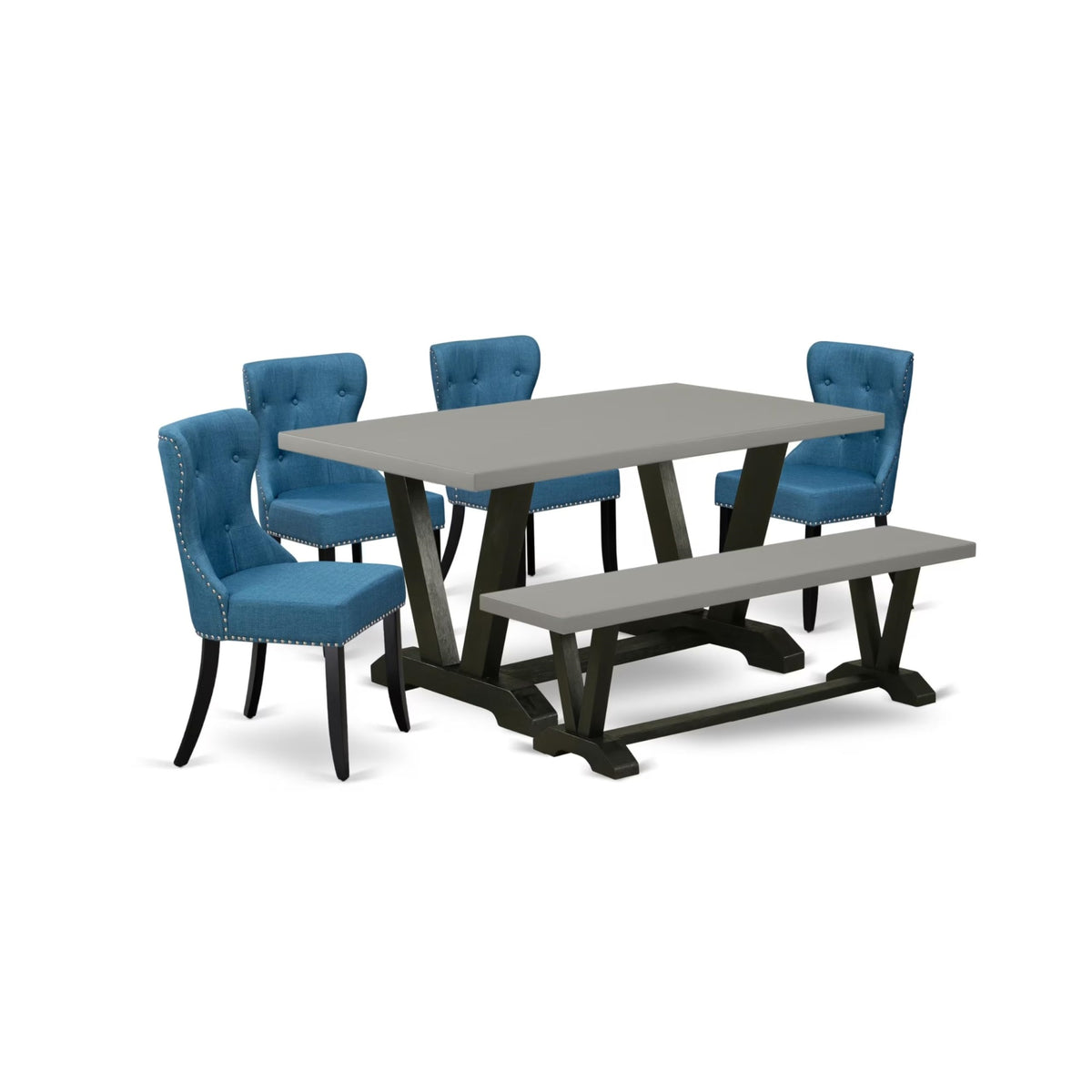 Casafoyer V-Style 6 Piece Modern Dining Set Contains A Rectangle Wooden Table With V-Legs And 4 Blue Linen Fabric Parson Chairs With A Bench, 36X60 Inch, Multi-Color