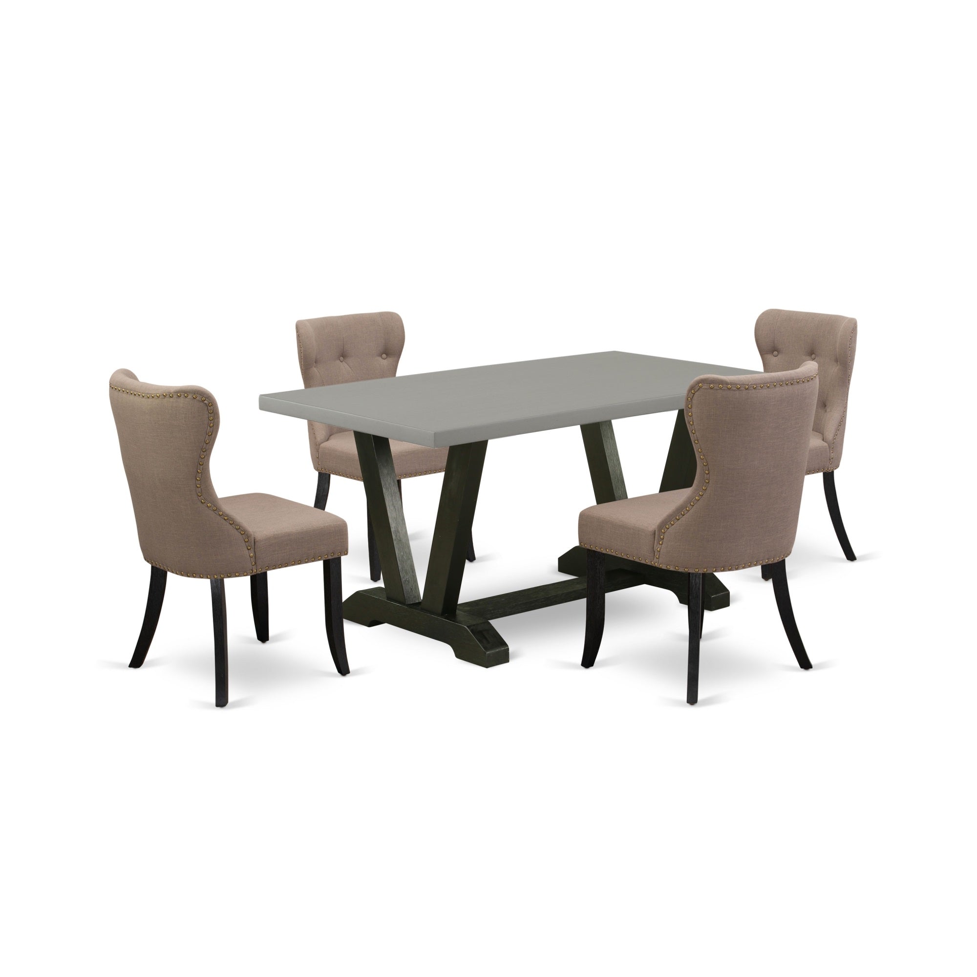 East West Furniture V696Si648-5 5-Piece Modern Dining Set- 4 Parson Dining Chairs With Coffee Linen Fabric Seat And Button Tufted Chair Back - Rectangular Table Top & Wooden Legs - Cement And Wire Brushed Black Finish