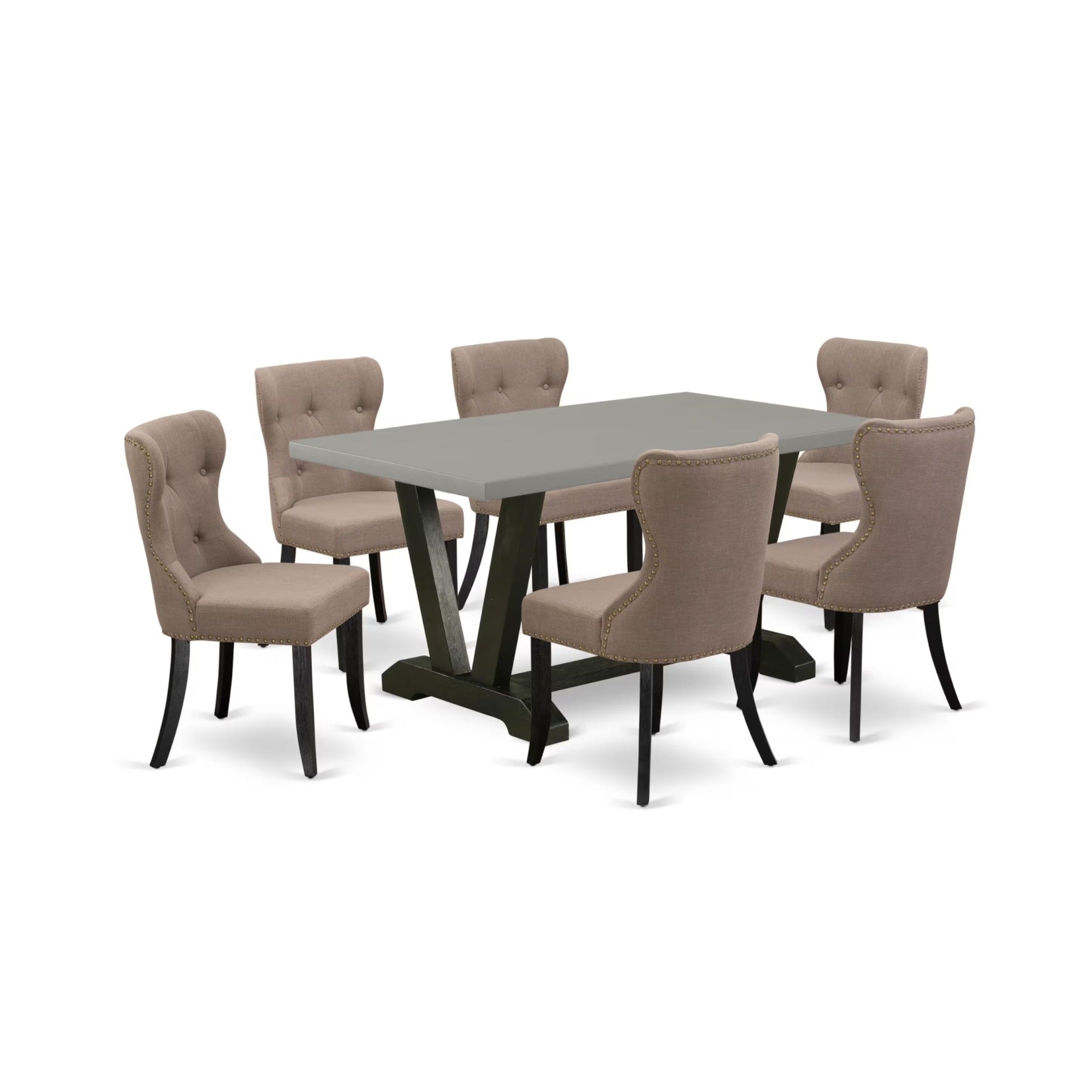 Casafoyer V-Style 7 Piece Dinette Set Consist Of A Rectangle Room Table With V-Legs And 6 Coffee Linen Fabric Parsons Dining Chairs, 36X60 Inch, Multi-Color