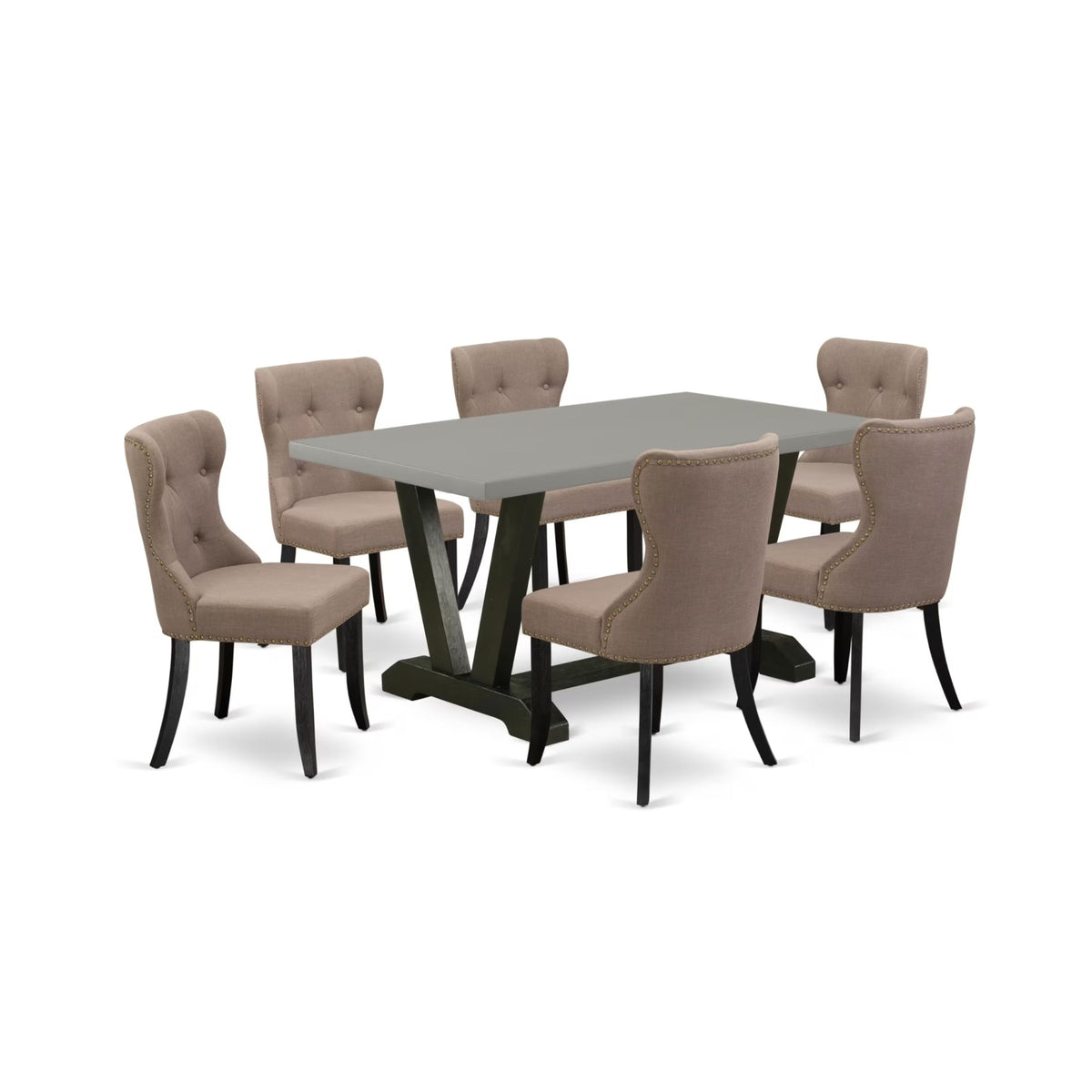 Casafoyer V-Style 7 Piece Dinette Set Consist Of A Rectangle Room Table With V-Legs And 6 Coffee Linen Fabric Parsons Dining Chairs, 36X60 Inch, Multi-Color