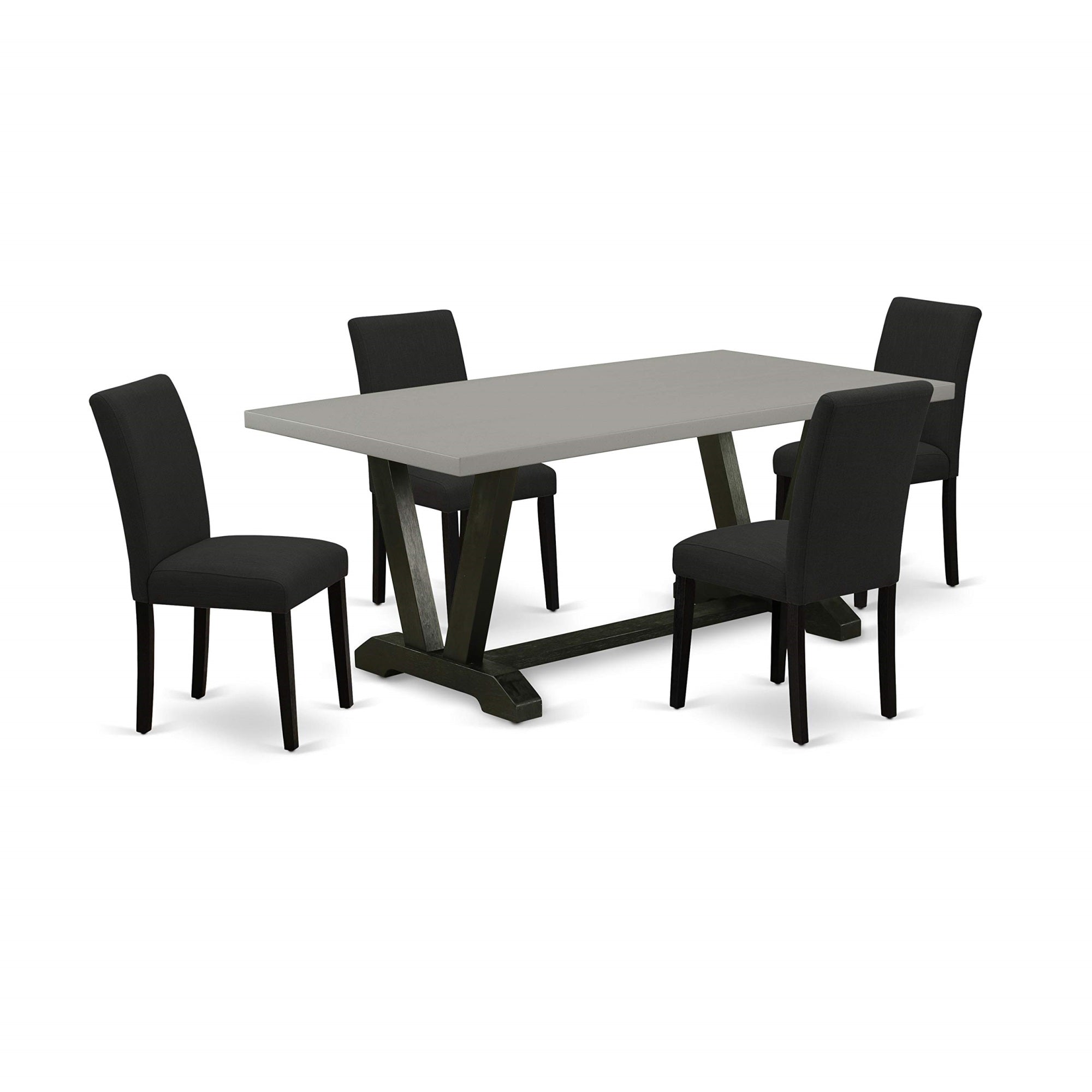 Ergode V697Ab624-5, 5-Piece Kitchen Table Set, Rectangular Dining Table With V-Legs, 4 Black Linen Fabric Chairs, Durable Solid Wood, Cement Top, Easy Assembly, Versatile Style