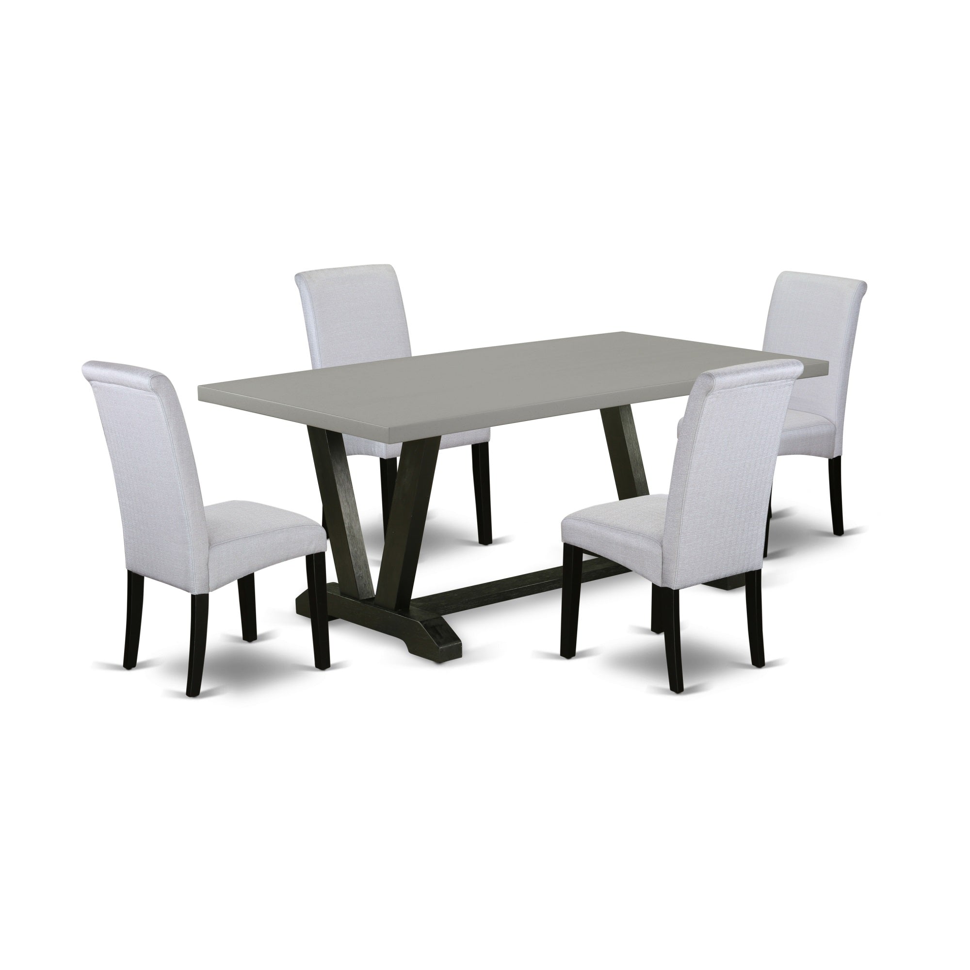 East West Furniture V697Ba105-5 5-Pc Modern Dining Table Set - 4 Padded Parson Chairs And 1 Modern Rectangular Cement Dining Room Table Top With High Chair Back - Wire Brushed Black Finish