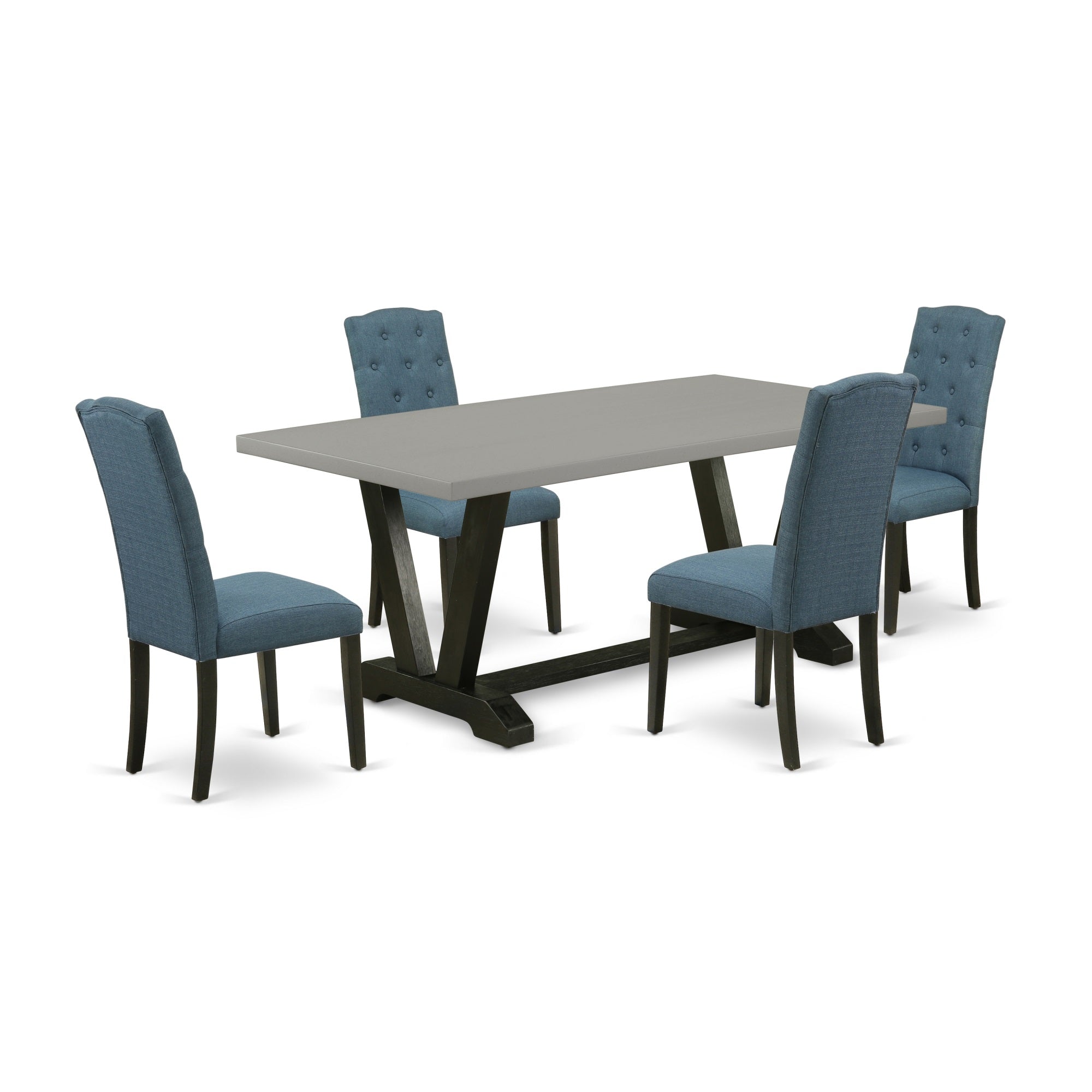East West Furniture V697Ce121-5 5-Pc Dining Room Table Set - 4 Dining Room Chairs And 1 Modern Cement Wooden Dining Table Top With Button Tufted Chair Back - Wire Brushed Black Finish