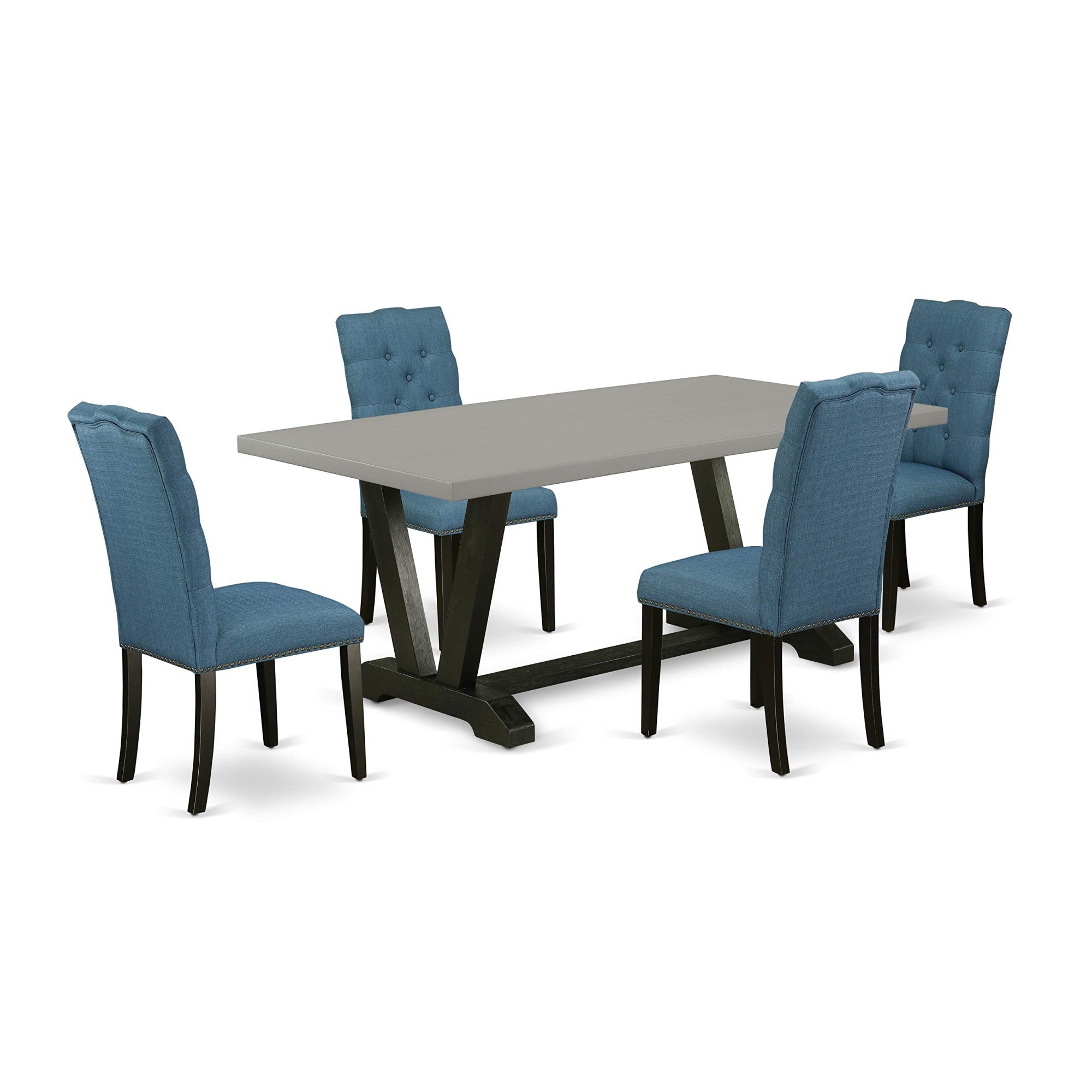 Ergode V697El121-5, 5-Piece Dinette Set, Rectangular Table, Black Finish, 4 Blue Linen Chairs, Asian Wood, 300 Lbs Capacity, Easy Assembly, Ideal For Home Parties, 40X72 Inch