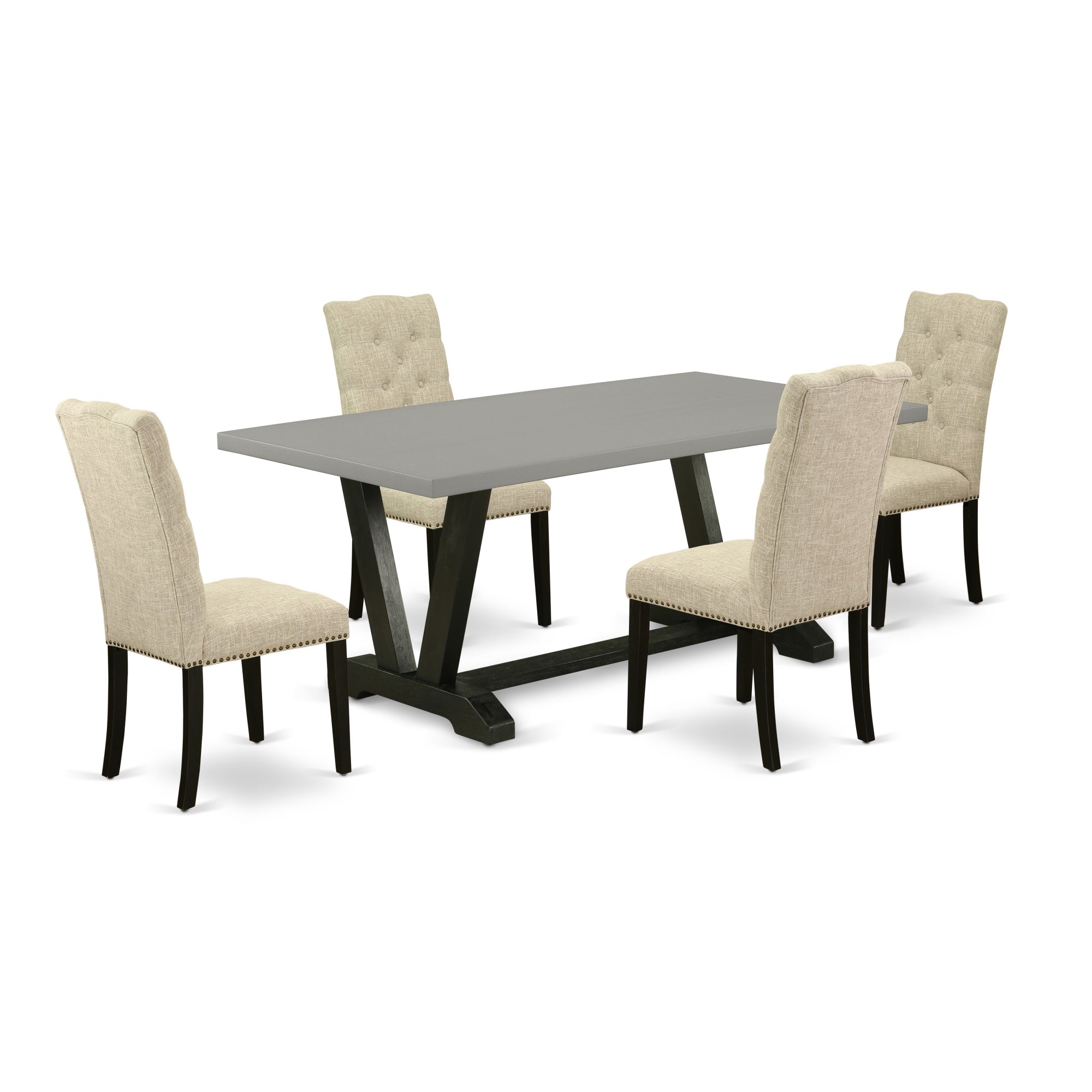 East West Furniture 5-Pc Dining Room Table Set Included 4 Kitchen Parson Chair Upholstered Seat And High Button Tufted Chair Back And Rectangular Dining Dining Table With Cement Color Dining Room Table Top - Black Finish