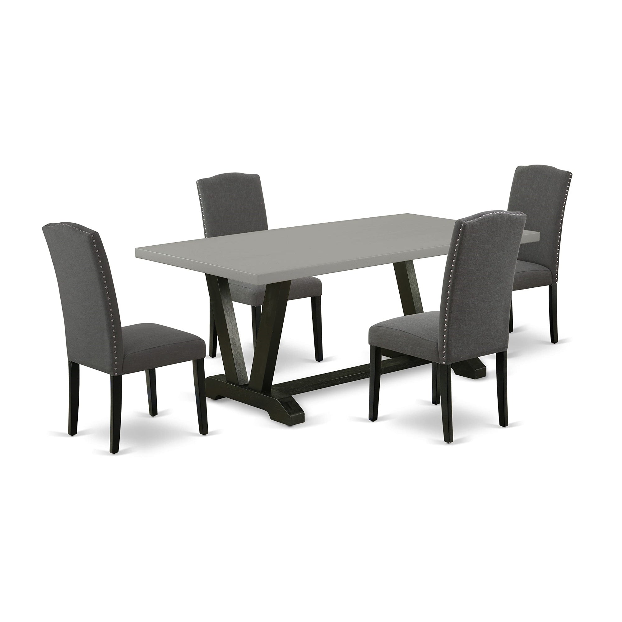 Ergode V697En120-5, 5-Piece Dining Room Table Set, Cement Top, Black Legs, Dark Shitake Linen Fabric, 300 Lbs Capacity, Ideal For Living Room Or Kitchen, 40X72 Inch