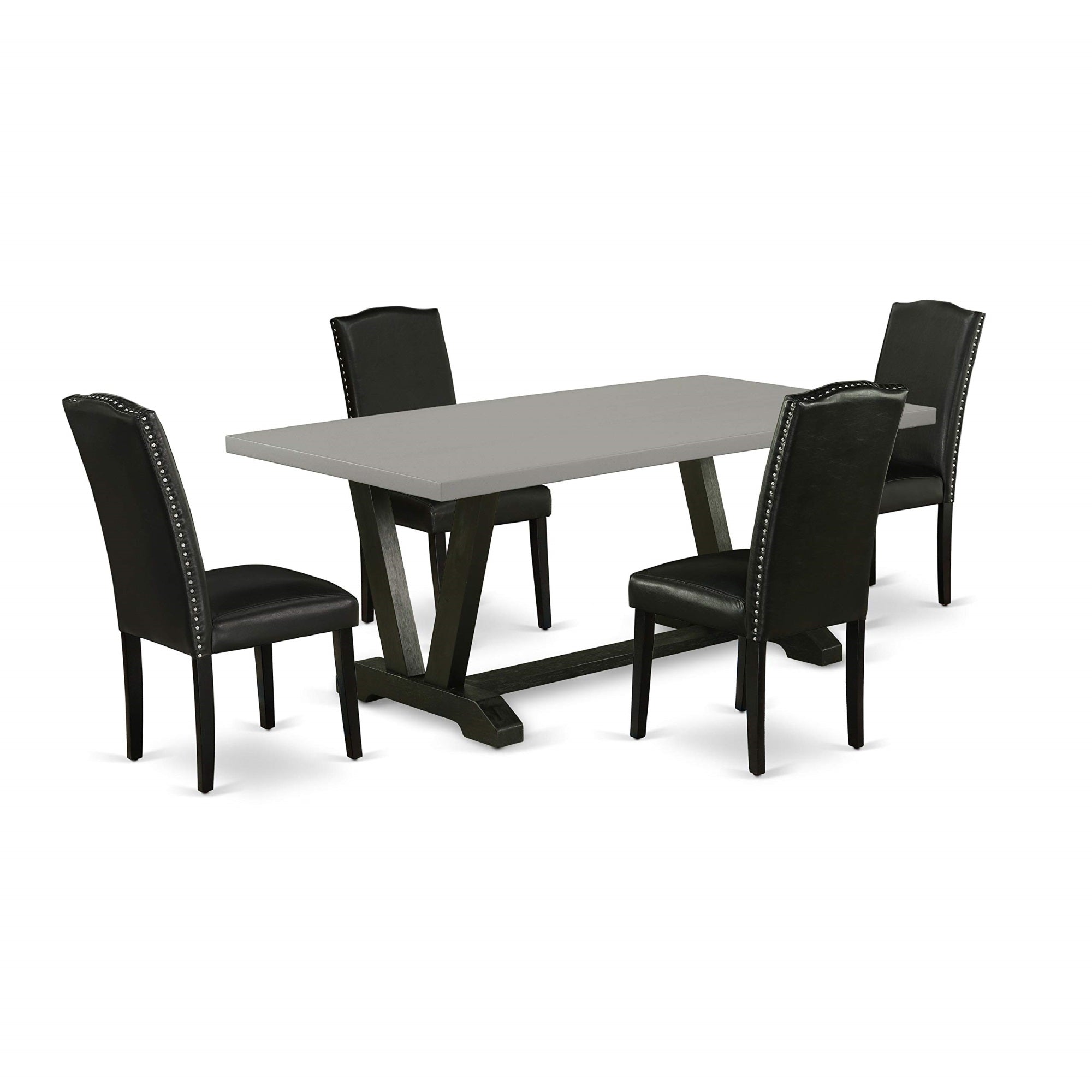 Ergode V697En169-5, 5-Piece Dining Room Set, Rectangle Table With V-Legs, 4 Black Parson Chairs, Cement Finish Top, Pu Leather Upholstery, High-Quality Asian Wood, 40X72 Inch