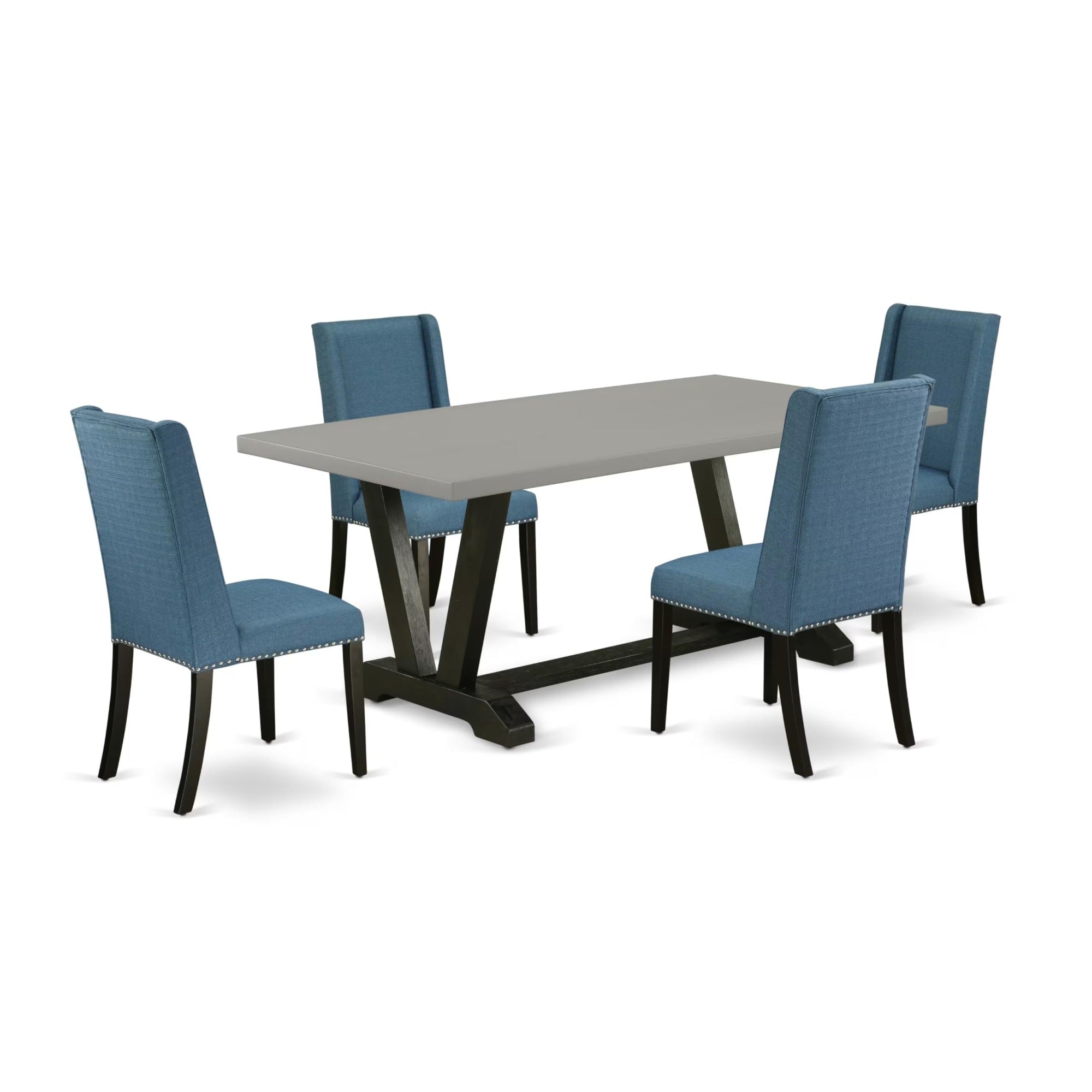 Casafoyer V697Fl121-5 5 Piece Dining Table Set For 4 Includes A Rectangle Kitchen Table With V-Legs And 4 Blue Linen Fabric Parson Dining Room Chairs, 40X72 Inch, Multi-Color