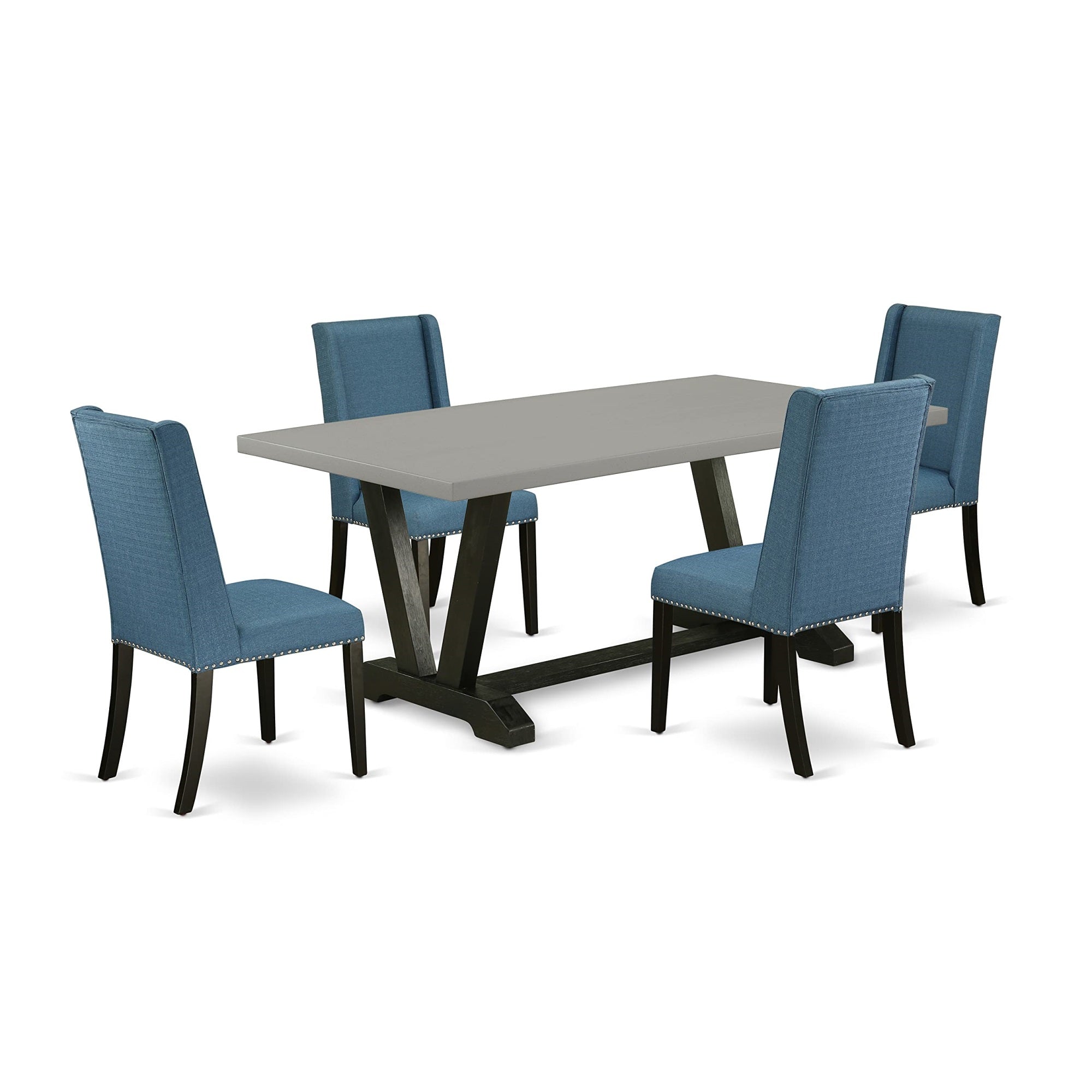 Ergode V697Fl121-5, 5-Piece Dining Set, Wood Table, 4 Parson Chairs, Wire Brushed Black Finish, Mineral Blue Linen Fabric, High-Quality Asian Wood, Easy Assembly, 300 Lbs Weight Capacity