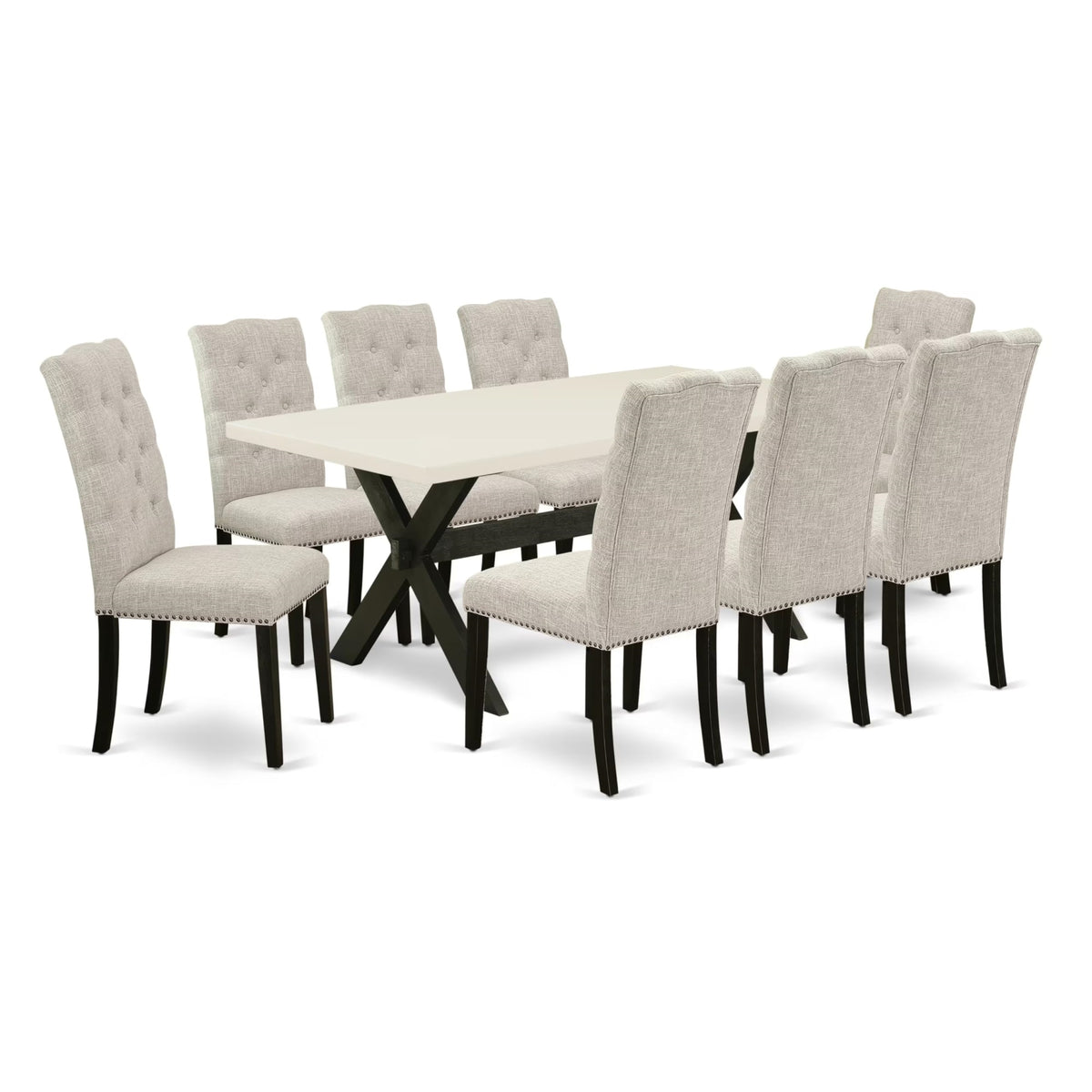 Casafoyer X627El635-9 9 Piece Dining Room Table Set Includes A Rectangle Dining Table With X-Legs And 8 Doeskin Linen Fabric Upholstered Parson Chairs, 40X72 Inch, Multi-Color