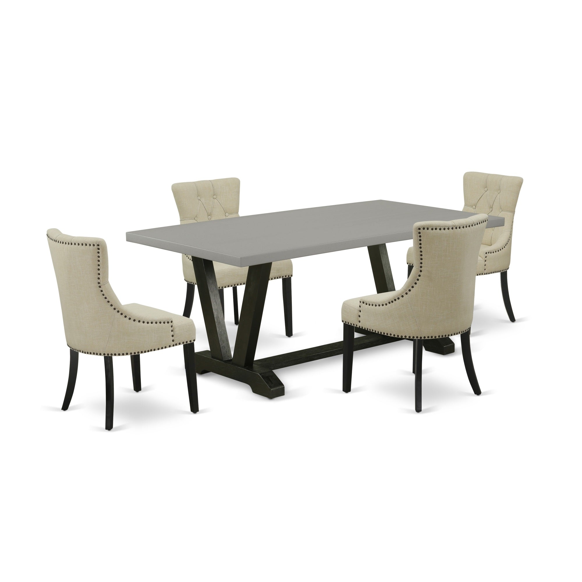 East West Furniture V697Fr102-5 5-Pc Dinette Set - 4 Parson Chairs And 1 Modern Rectangular Cement Wood Dining Table Top With Button Tufted Chair Back - Wire Brushed Black Finish