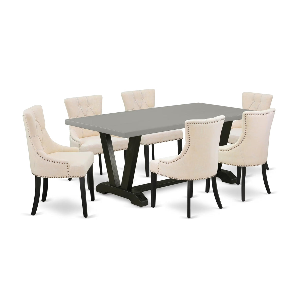 Casafoyer V697Fr102-7 7 Piece Dining Table Set Consist Of A Rectangle Dining Room Table With V-Legs And 6 Light Beige Linen Fabric Parsons Chairs, 40X72 Inch, Multi-Color