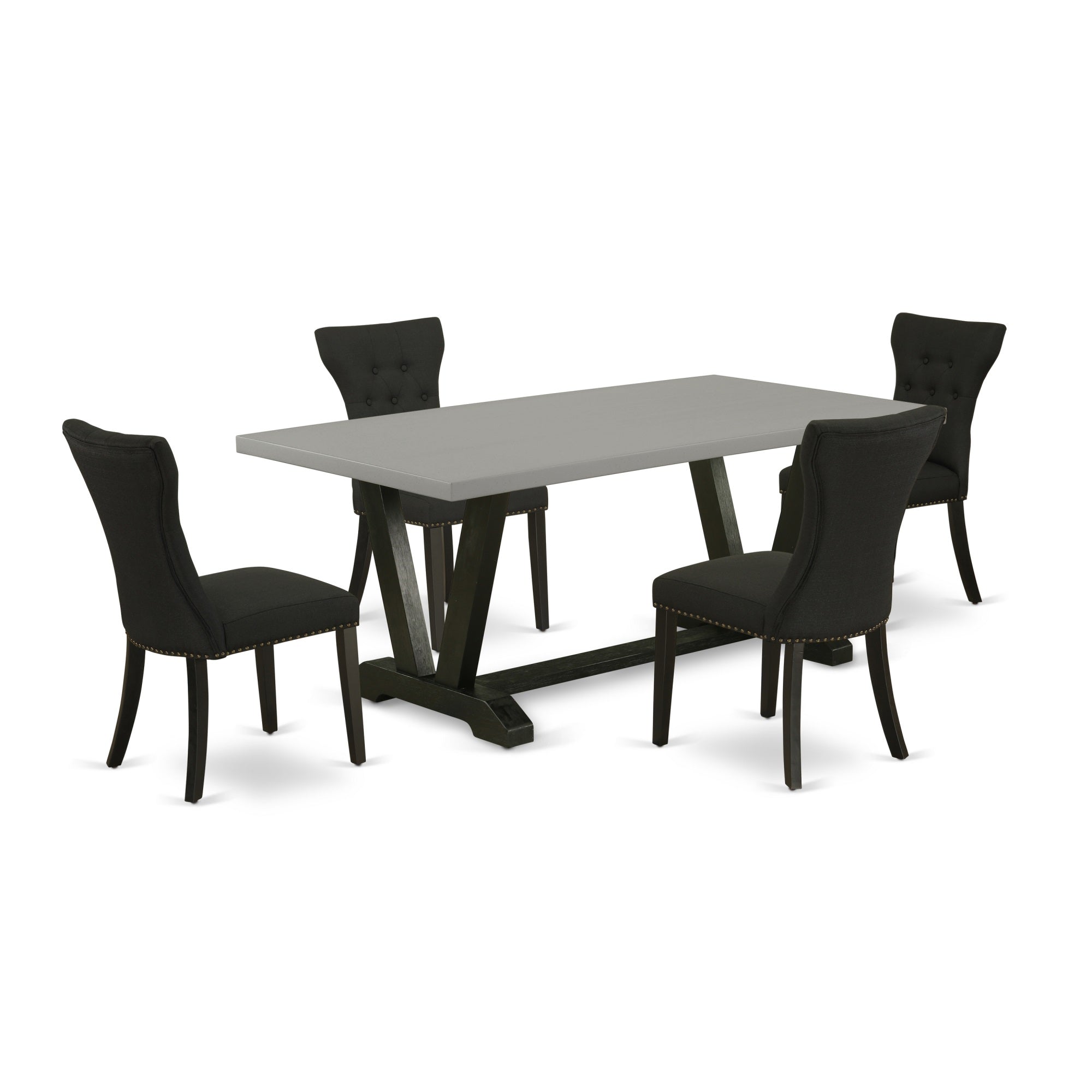 East West Furniture V697Ga124-5 5-Pc Kitchen Dining Set - 4 Dining Padded Chairs And 1 Modern Rectangular Cement Kitchen Table Top With Button Tufted Chair Back  Wire Brushed Black Finish