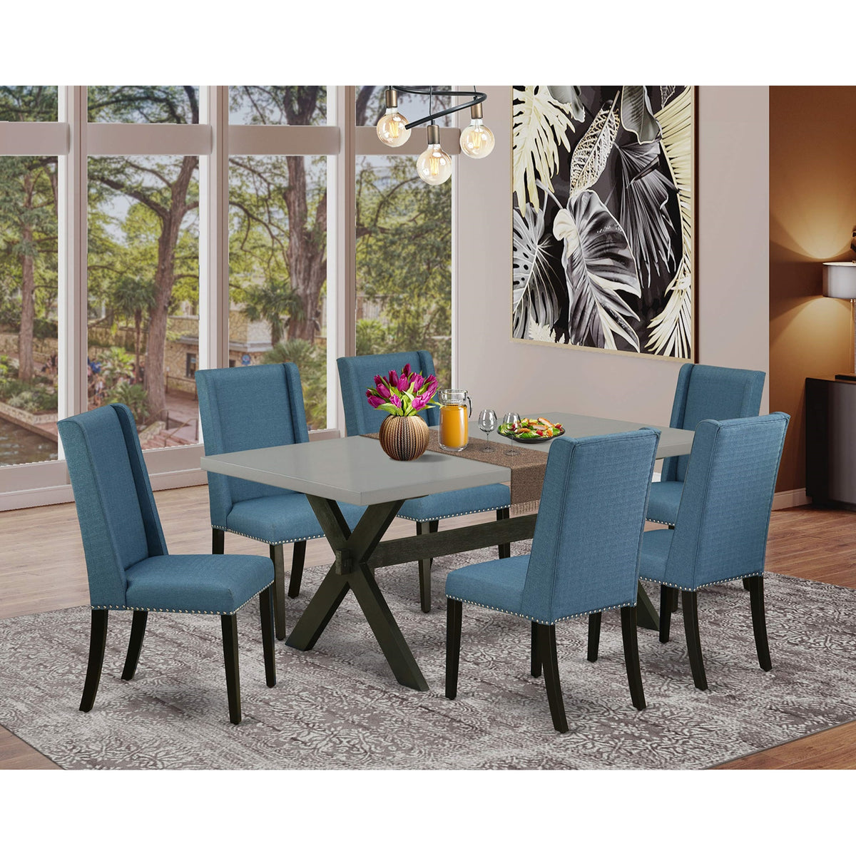 Casafoyer X697Fl121-7 7 Piece Kitchen Table & Chairs Set Consist Of A Rectangle Dining Room Table With X-Legs And 6 Blue Linen Fabric Parsons Chairs, 40X72 Inch, Multi-Color