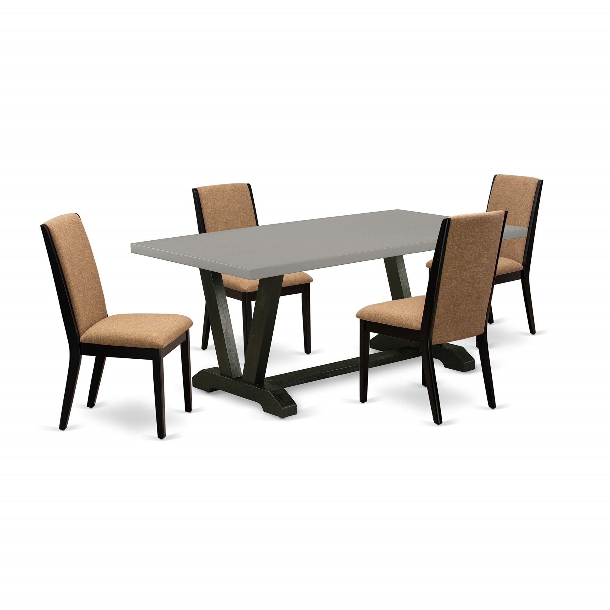Ergode V697La147-5, 5Pc Dining Set, Rectangle Table, 4 Light Sable Linen Chairs, Wire Brushed Black Finish, Asian Wood, 40X72 Inch
