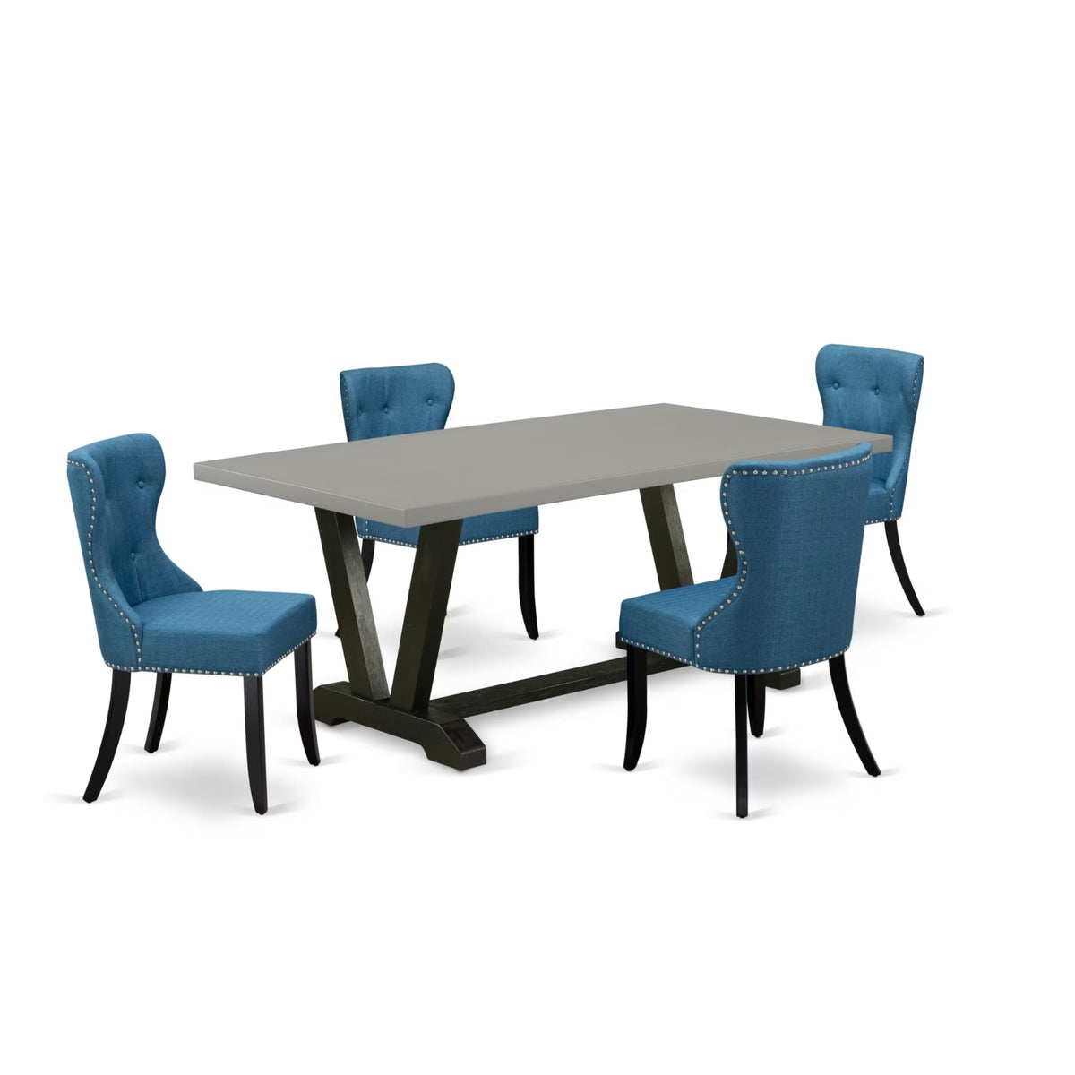 Casafoyer V-Style 5 Piece Modern Dining Set Includes A Rectangle Wooden Table With V-Legs And 4 Blue Linen Fabric Upholstered Parson Chairs, 40X72 Inch, Multi-Color