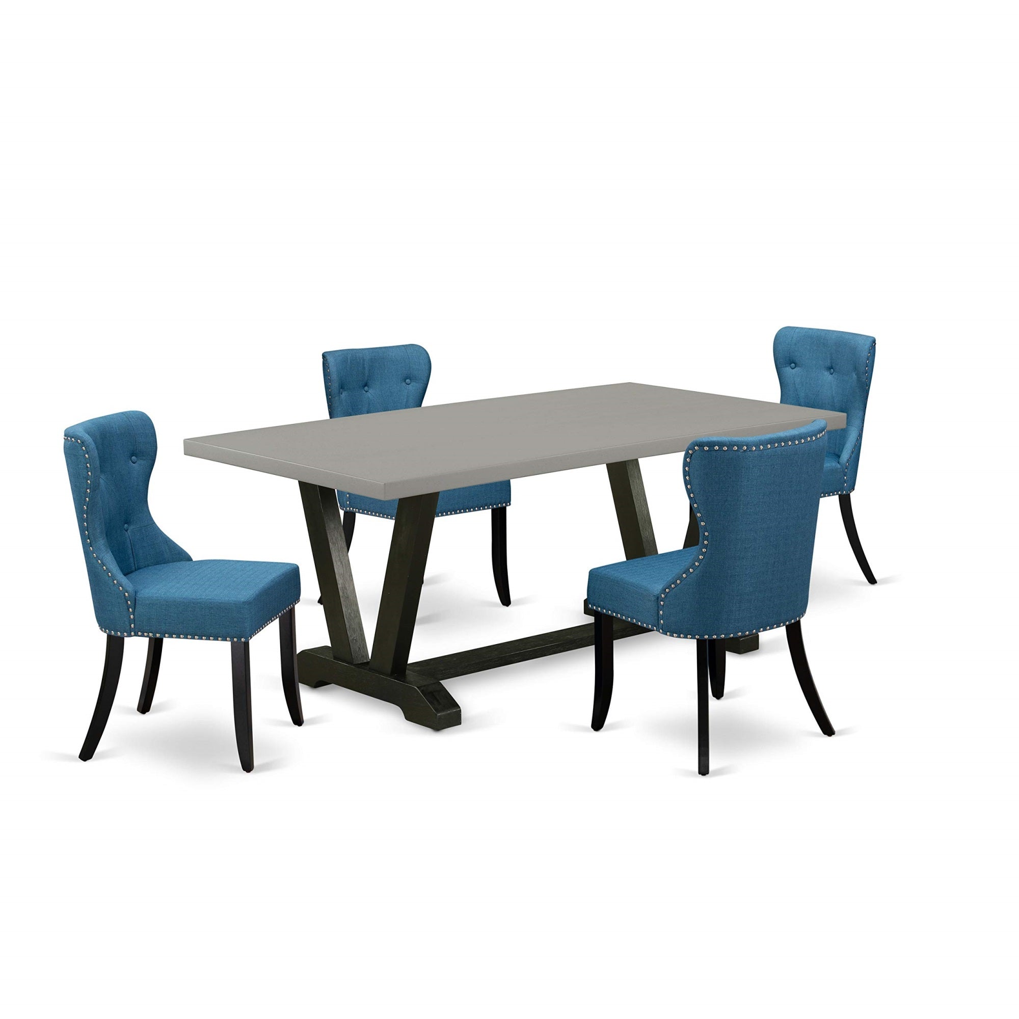 Ergode V697Si121-5, 5-Piece Kitchen Table Set, 4 Parson Dining Chairs, 1 Wood Dining Table, Linen Fabric Seat, Button Tufted Back, Easy To Clean, Asian Hardwood, Cement Top, Wire Brushed Black Legs, Blue Fabric, 72X40X30 Table, 21.5X19.5X35.5 Chairs