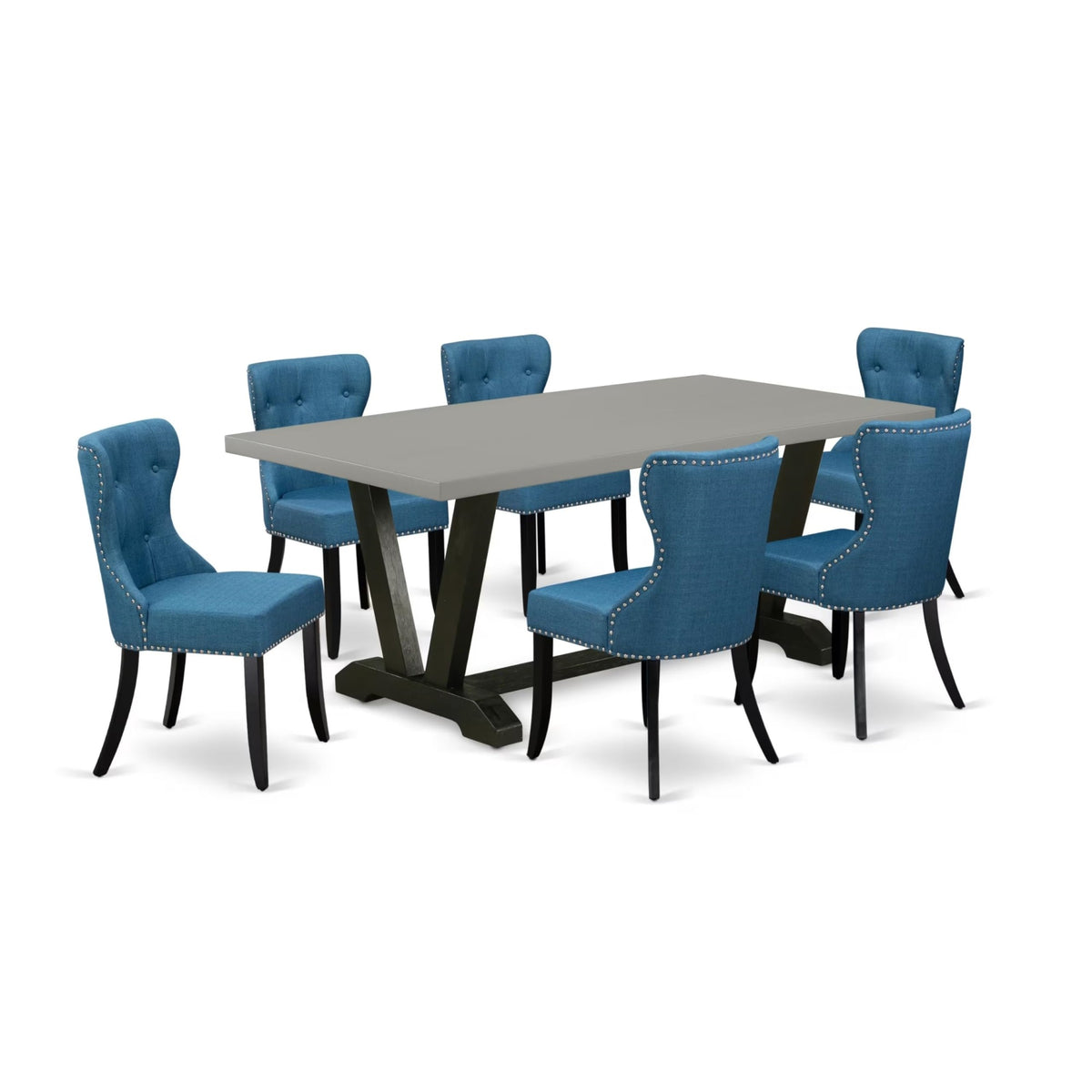 Casafoyer V-Style 7 Piece Dinette Set Consist Of A Rectangle Dining Room Table With V-Legs And 6 Blue Linen Fabric Upholstered Parson Chairs, 40X72 Inch, Multi-Color