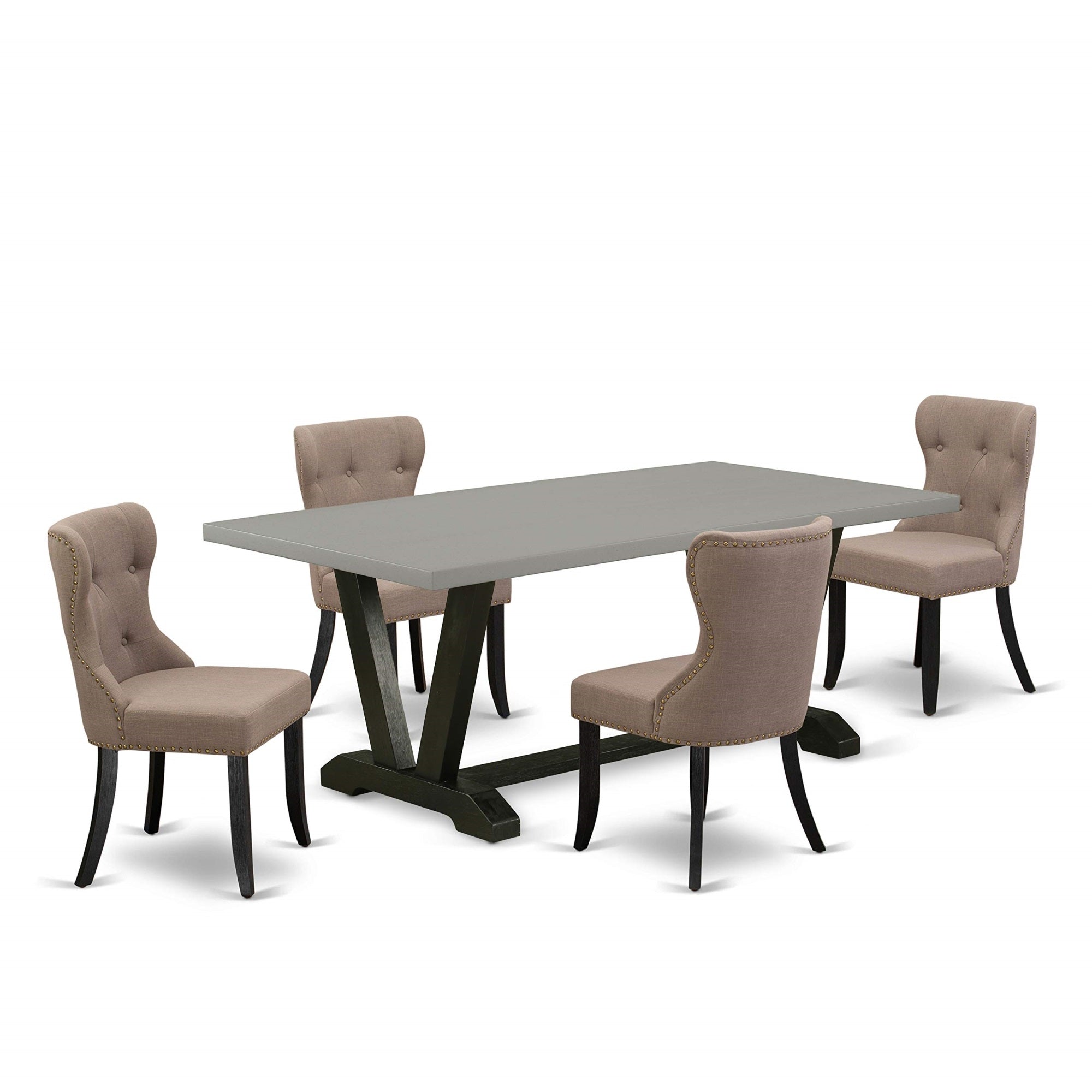 Ergode V697Si648-5, 5-Piece Modern Dining Set, Rectangle Wooden Table With V-Legs, 4 Coffee Linen Fabric Parson Chairs, 40X72 Inch