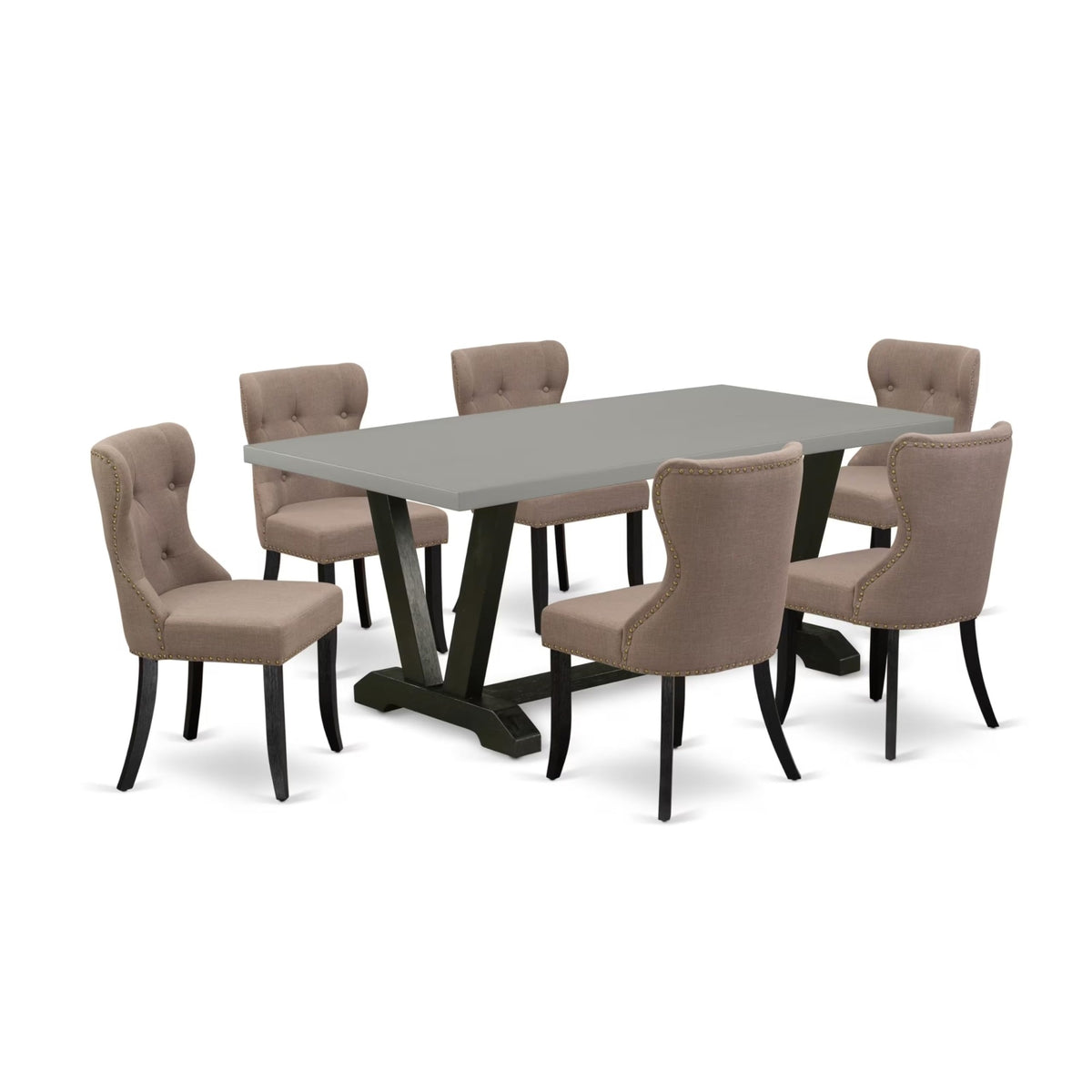 Casafoyer V-Style 7 Piece Room Set Consist Of A Rectangle Dining Table With V-Legs And 6 Coffee Linen Fabric Upholstered Chairs, 40X72 Inch, Multi-Color