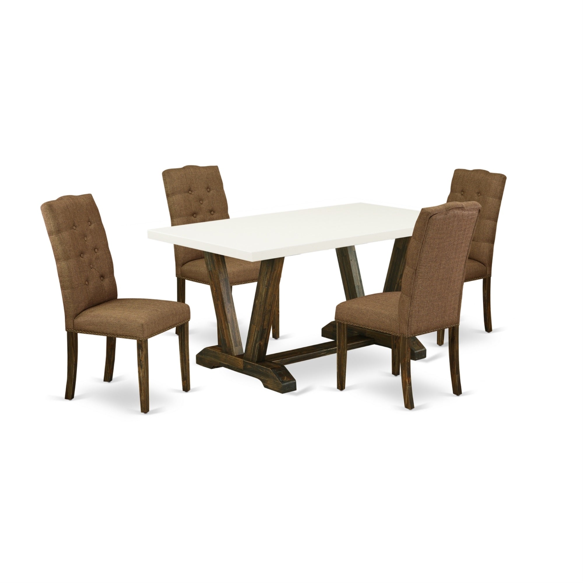 East West Furniture 5-Pc Dining Room Set Included 4 Kitchen Dining Chairs Upholstered Seat And High Button Tufted Chair Back And Rectangular Mid Century Dining Table With Linen White Dining Room Table Top - Distressed Jacobean Finish