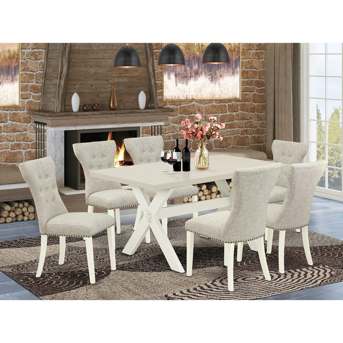 Casafoyer X026Ga235-7 7 Piece Dinette Set Consist Of A Rectangle Dining Room Table With X-Legs And 6 Doeskin Linen Fabric Upholstered Parson Chairs, 36X60 Inch, Multi-Color