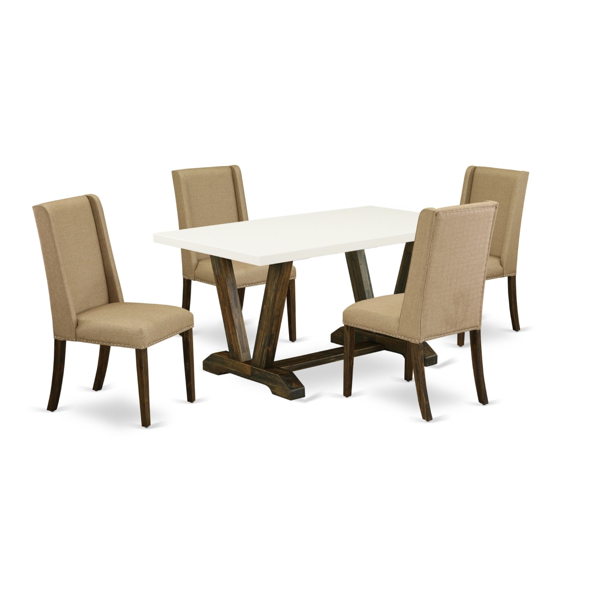 East West Furniture 5-Piece Modern Dinette Set Included 4 Kitchen Dining Chairs Upholstered Seat And Stylish Chair Back And Rectangular Dining Room Table With Linen White Dinette Table Top - Distressed Jacobean Finish