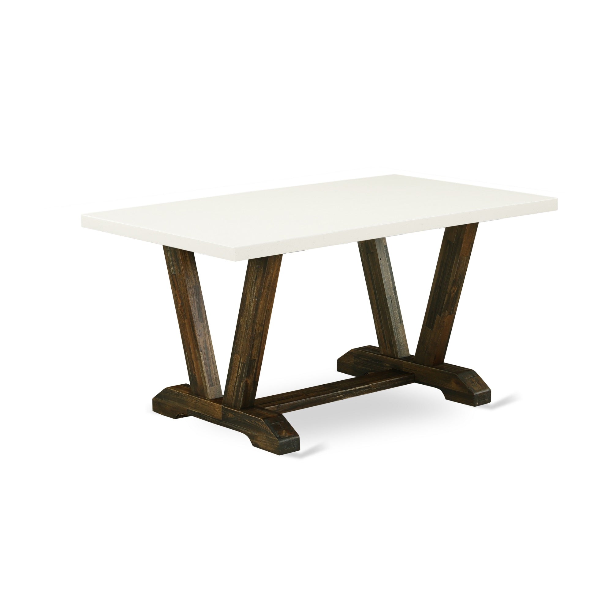 Ergode 6-Pc Mid Century Dining Table Set - Linen White Top, Distressed Jacobean Base, 4 Parson Chairs, Wooden Bench. High-Quality Asian Wood, Easy Assembly.