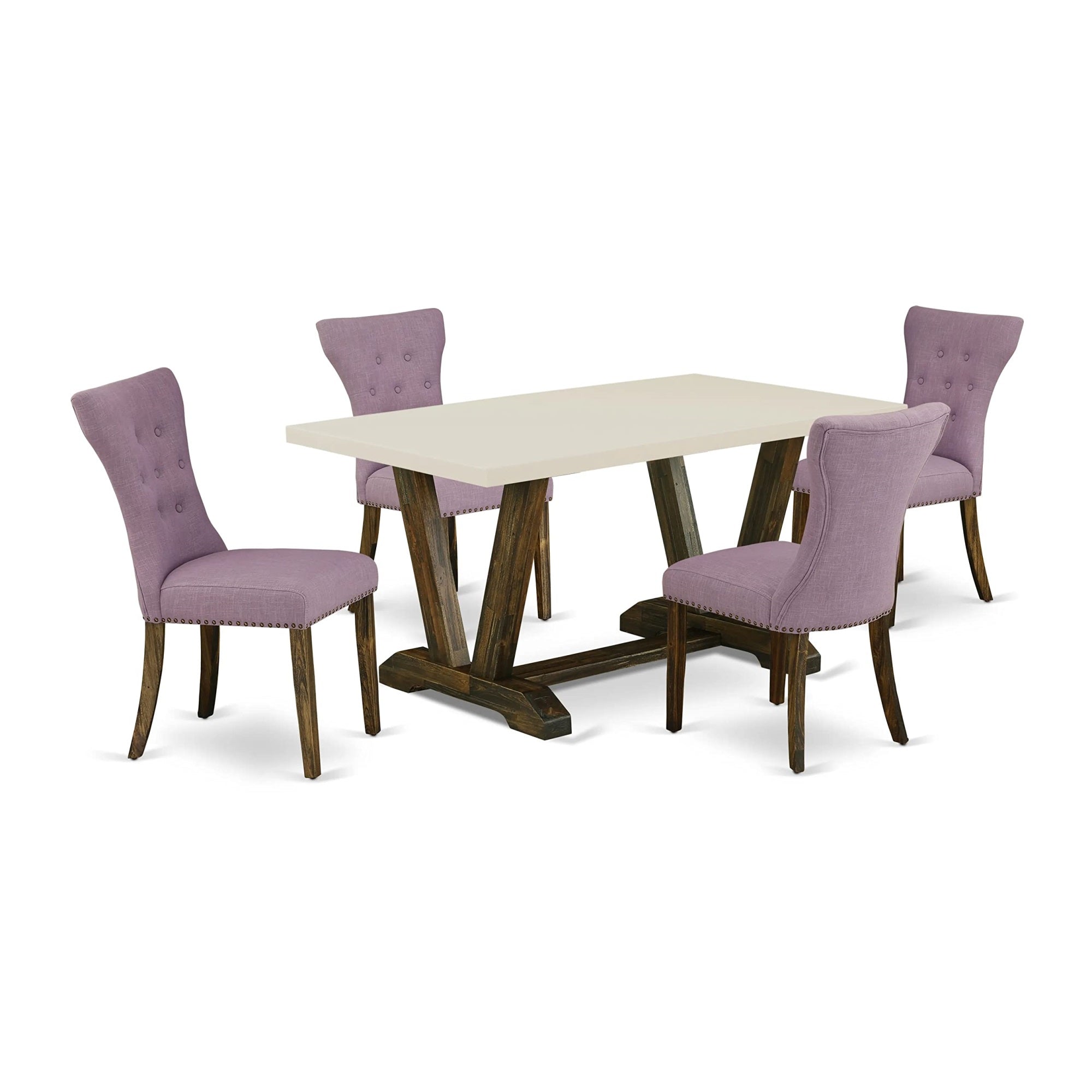 Ergode V726Ga740-5, 5-Piece Modern Dining Set, Rectangle Wooden Table With V-Legs, 4 Dahlia Linen Fabric Parson Chairs, 36X60 Inch