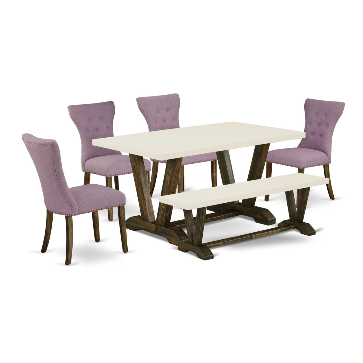 Casafoyer V-Style 6 Piece Kitchen Set Contains A Rectangle Dining Table With V-Legs And 4 Dahlia Linen Fabric Parson Chairs With A Bench, 36X60 Inch, V726Ga740-6