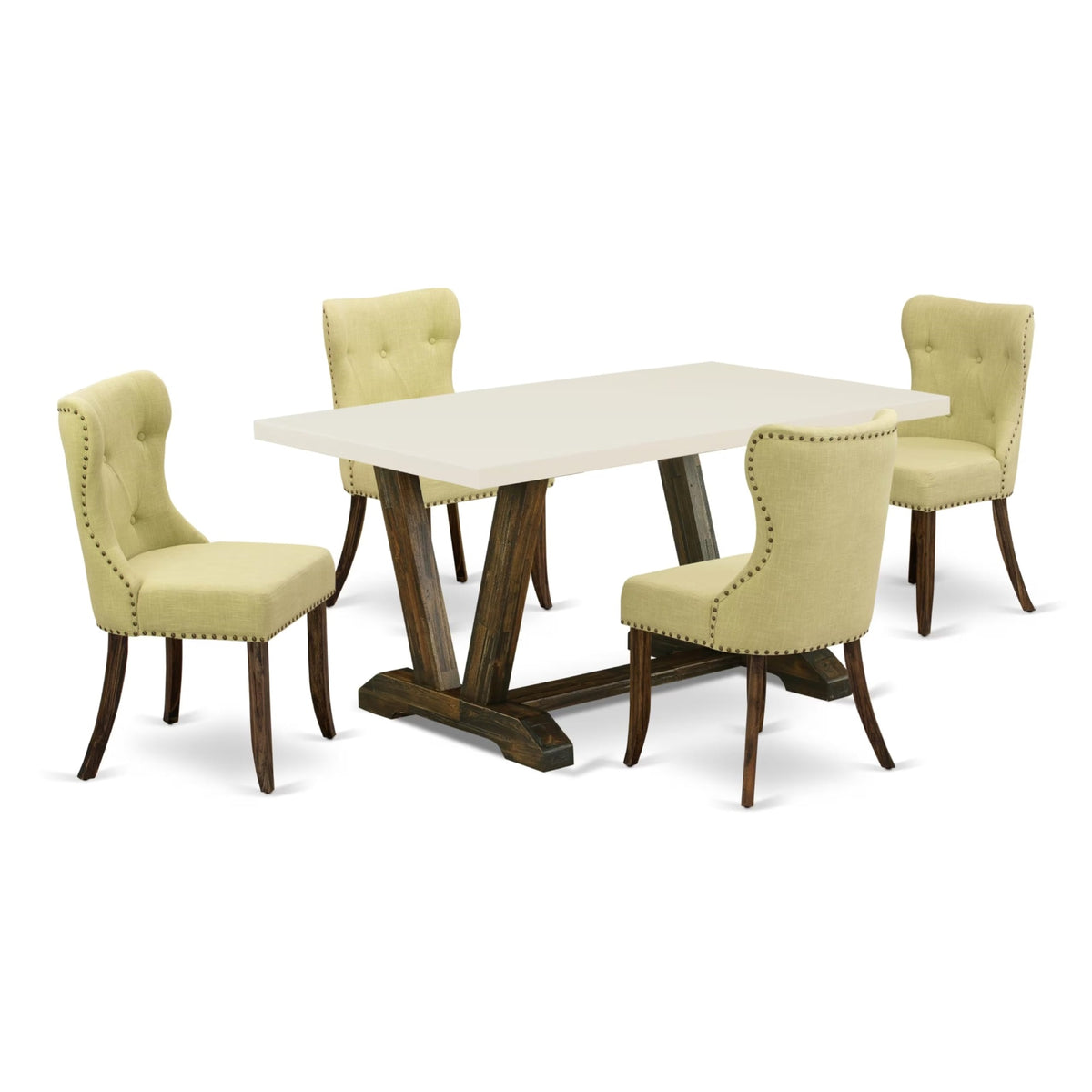 Casafoyer V726Si737-5 5 Piece Kitchen Table & Chairs Set Includes A Rectangle Dining Room Table With V-Legs And 4 Limelight Linen Fabric Parson Chairs, 36X60 Inch, Multi-Color