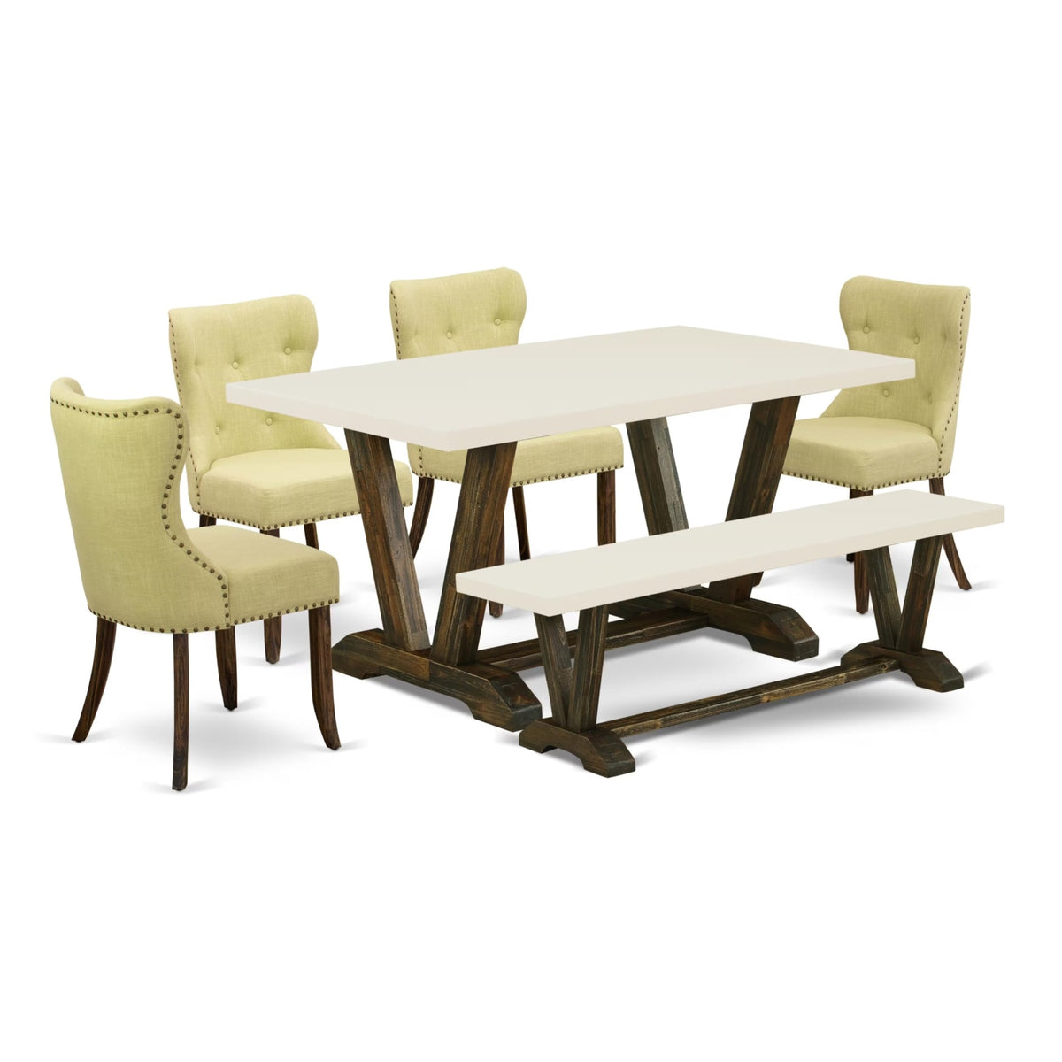 Casafoyer V-Style 6 Piece Set Contains A Rectangle Dining Room Table And 4 Limelight Linen Fabric Parson Chairs With A Bench, 36X60 Inch, Multi-Color