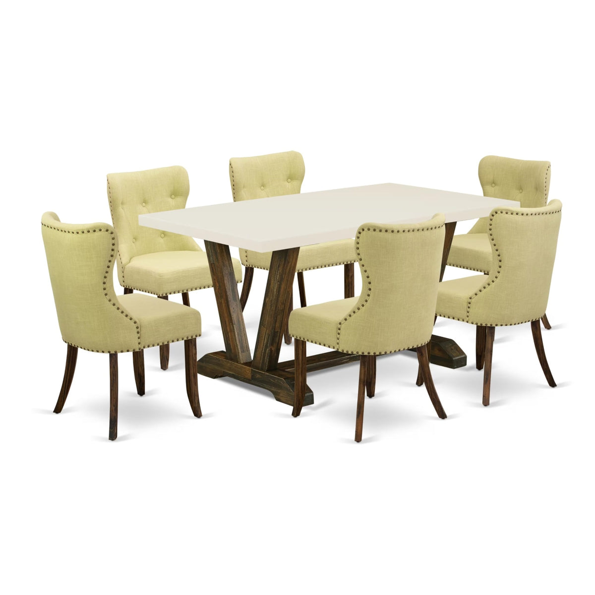 Casafoyer V726Si737-7 7 Piece Kitchen Table Set Consist Of A Rectangle Dining Table With V-Legs And 6 Limelight Linen Fabric Parsons Dining Chairs, 36X60 Inch, Multi-Color