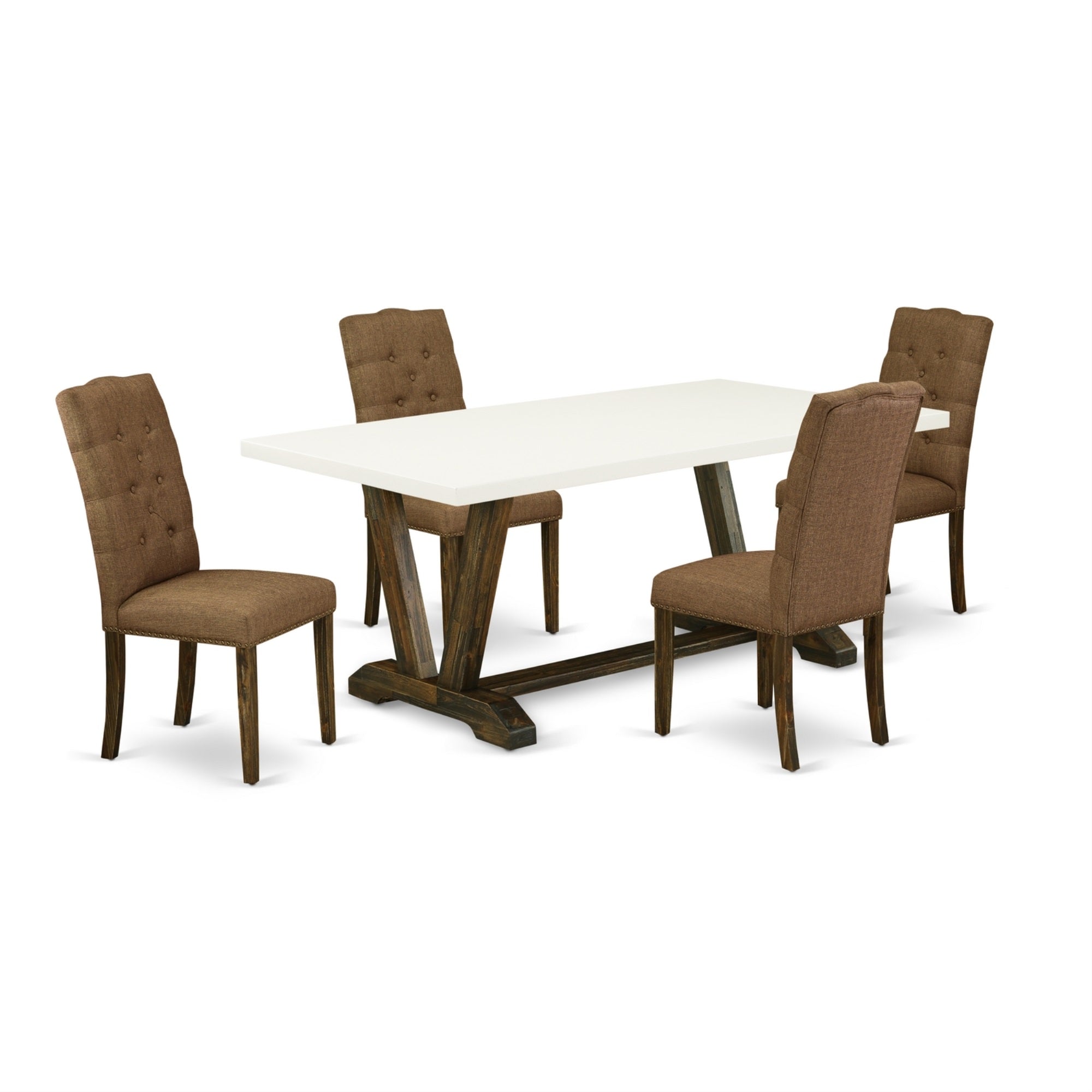 East West Furniture 5-Pc Dining Room Table Set Included 4 Kitchen Parson Chairs Upholstered Seat And High Button Tufted Chair Back And Rectangular Dining Table With Linen White Rectangular Table Top - Distressed Jacobean Finish