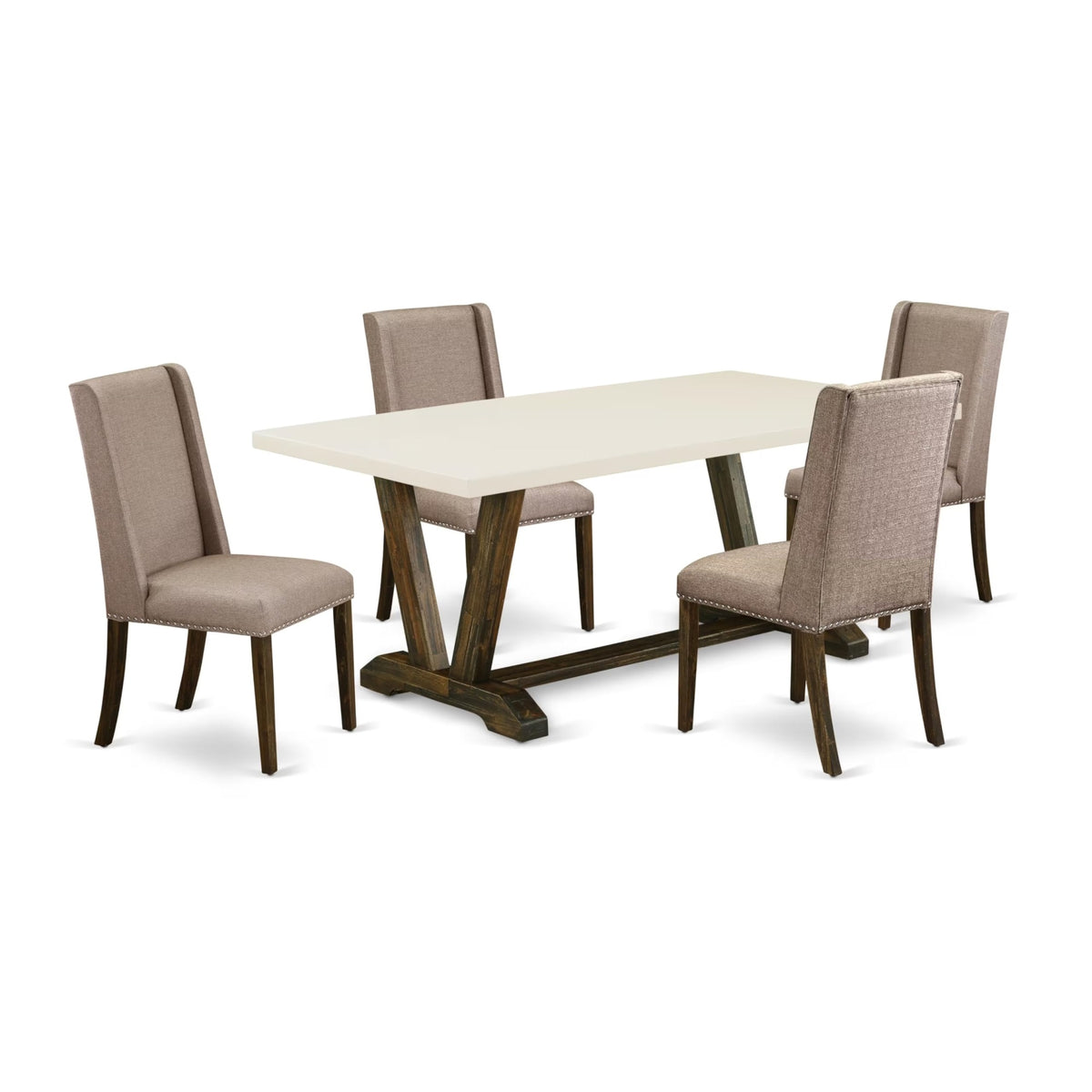 Casafoyer V-Style 5 Piece Room Furniture Set Includes A Rectangle Dining Table With V-Legs And 4 Dark Khaki Linen Fabric Upholstered Chairs, 40X72 Inch, Multi-Color