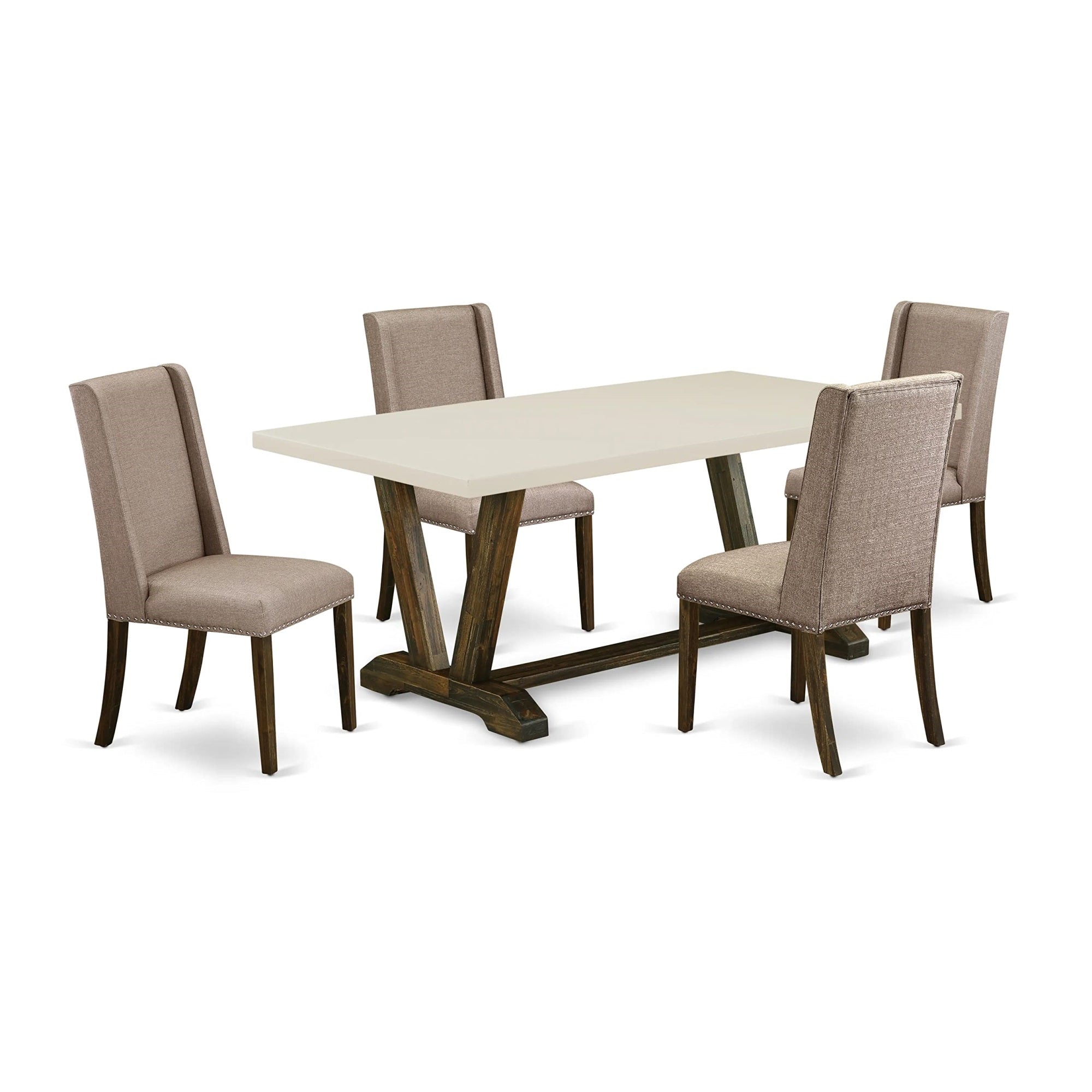 East West Furniture V727Fl716-5 5 Piece Room Furniture Set Includes A Rectangle Dining Table With V-Legs And 4 Dark Khaki Linen Fabric Upholstered Chairs, 40X72 Inch