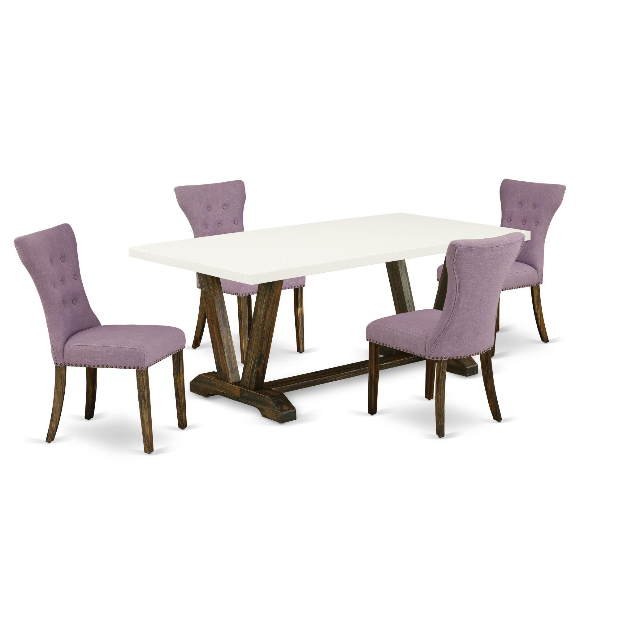 East West Furniture V727Ga740-5 5-Pc Kitchen Dining Room Set- 4 Parson Chairs With Dahlia Linen Fabric Seat And Button Tufted Chair Back - Rectangular Table Top & Wooden Legs - Linen White And Distressed Jacobean Finish