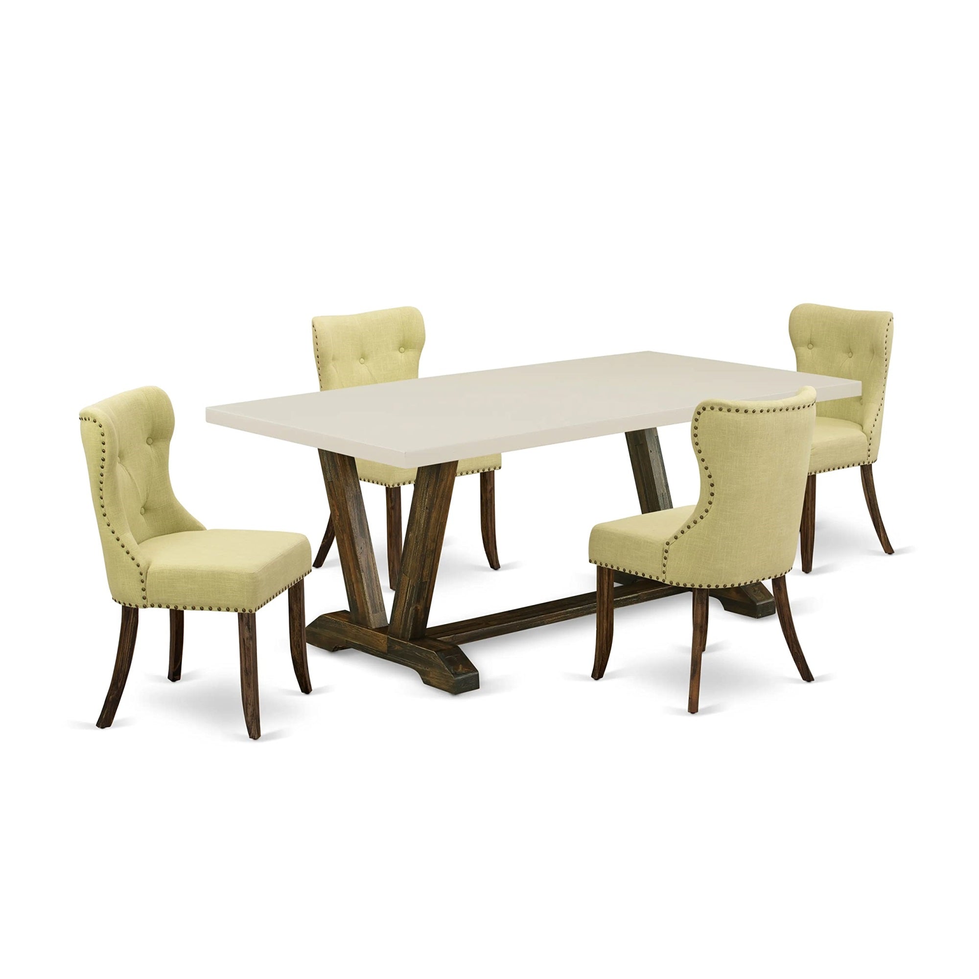 East West Furniture V-Style 5 Piece Set For 4 Includes A Rectangle Kitchen Table With V-Legs And 4 Limelight Linen Fabric Parson Dining Chairs, 40X72 Inch, V727Si737-5