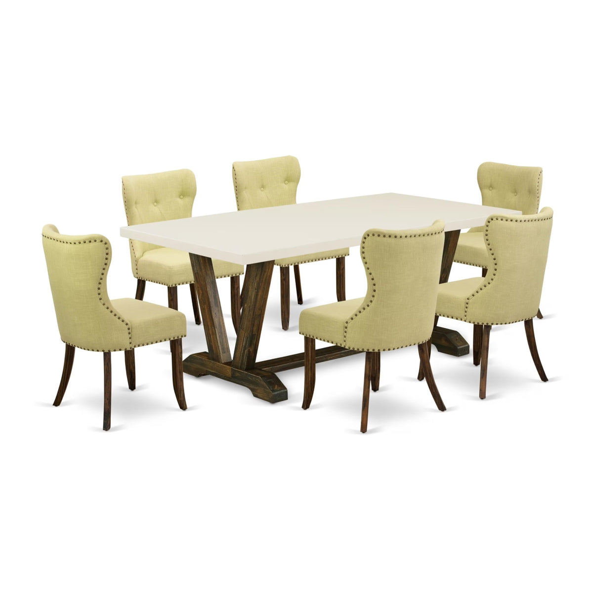 Casafoyer V-Style 7 Piece Room Furniture Set Consist Of A Rectangle Dining Table With V-Legs And 6 Limelight Linen Fabric Parsons Chairs, 40X72 Inch, Multi-Color
