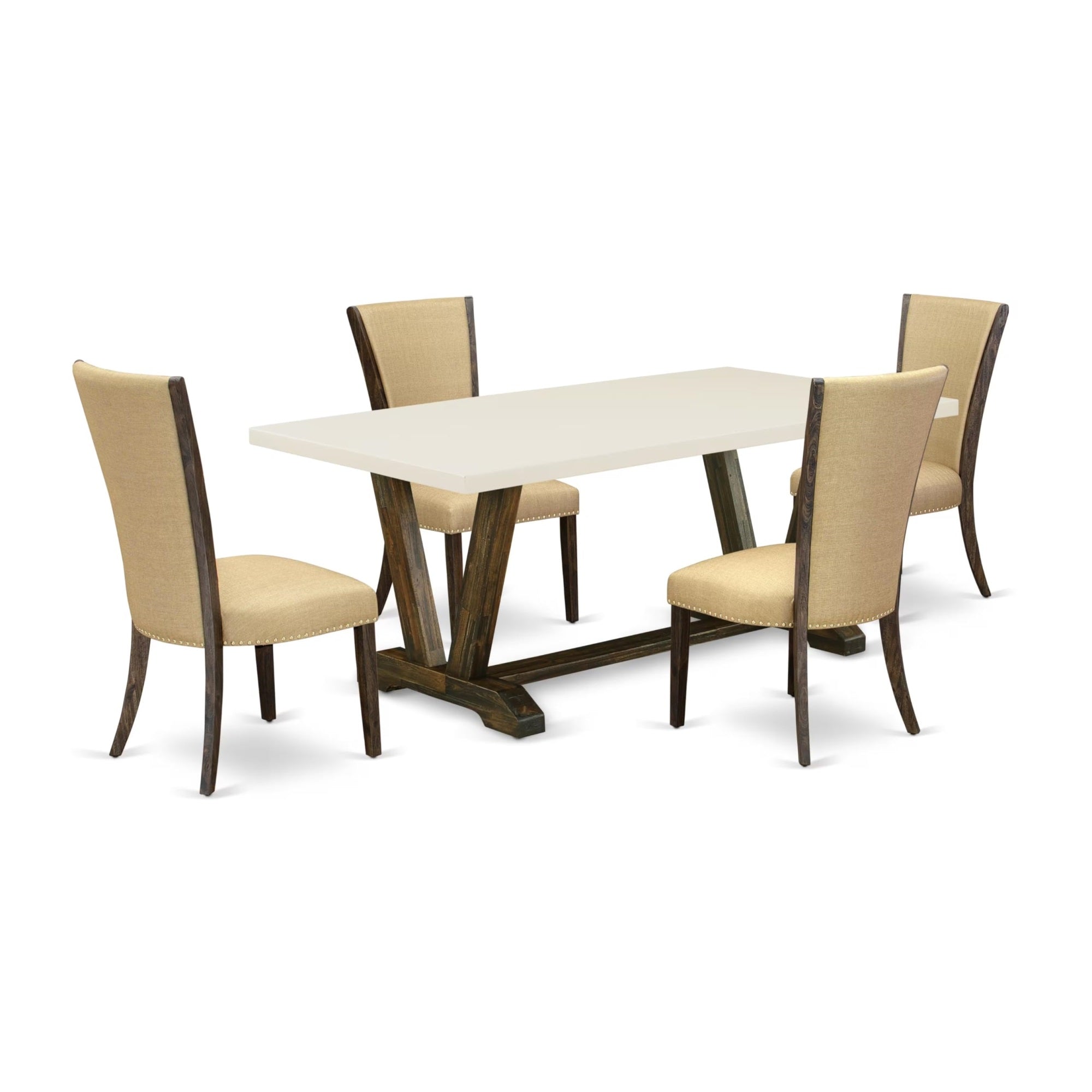 Casafoyer V-Style 5 Piece Room Set Includes A Rectangle Dining Table With V-Legs And 4 Brown Linen Fabric Upholstered Parson Chairs, 40X72 Inch, Multi-Color