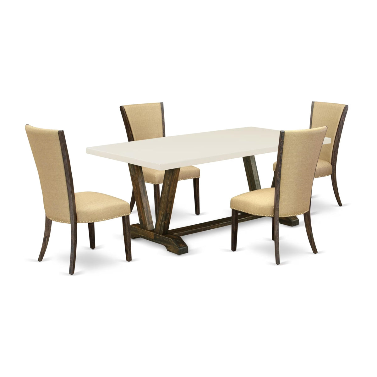 Casafoyer V-Style 5 Piece Room Set Includes A Rectangle Dining Table With V-Legs And 4 Brown Linen Fabric Upholstered Parson Chairs, 40X72 Inch, Multi-Color