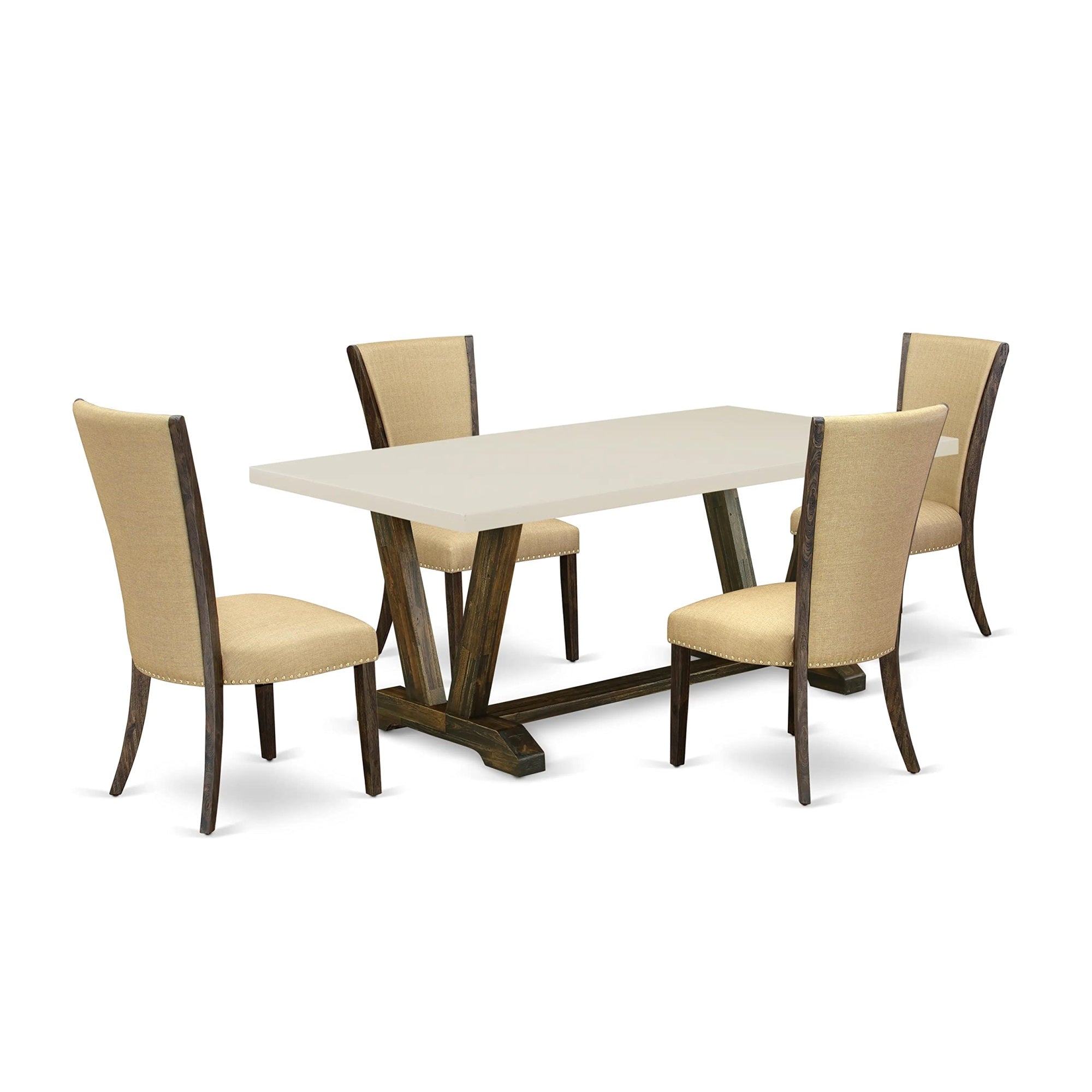 East West Furniture V-Style 5 Piece Room Set Includes A Rectangle Dining Table With V-Legs And 4 Brown Linen Fabric Upholstered Parson Chairs, 40X72 Inch, V727Ve703-5