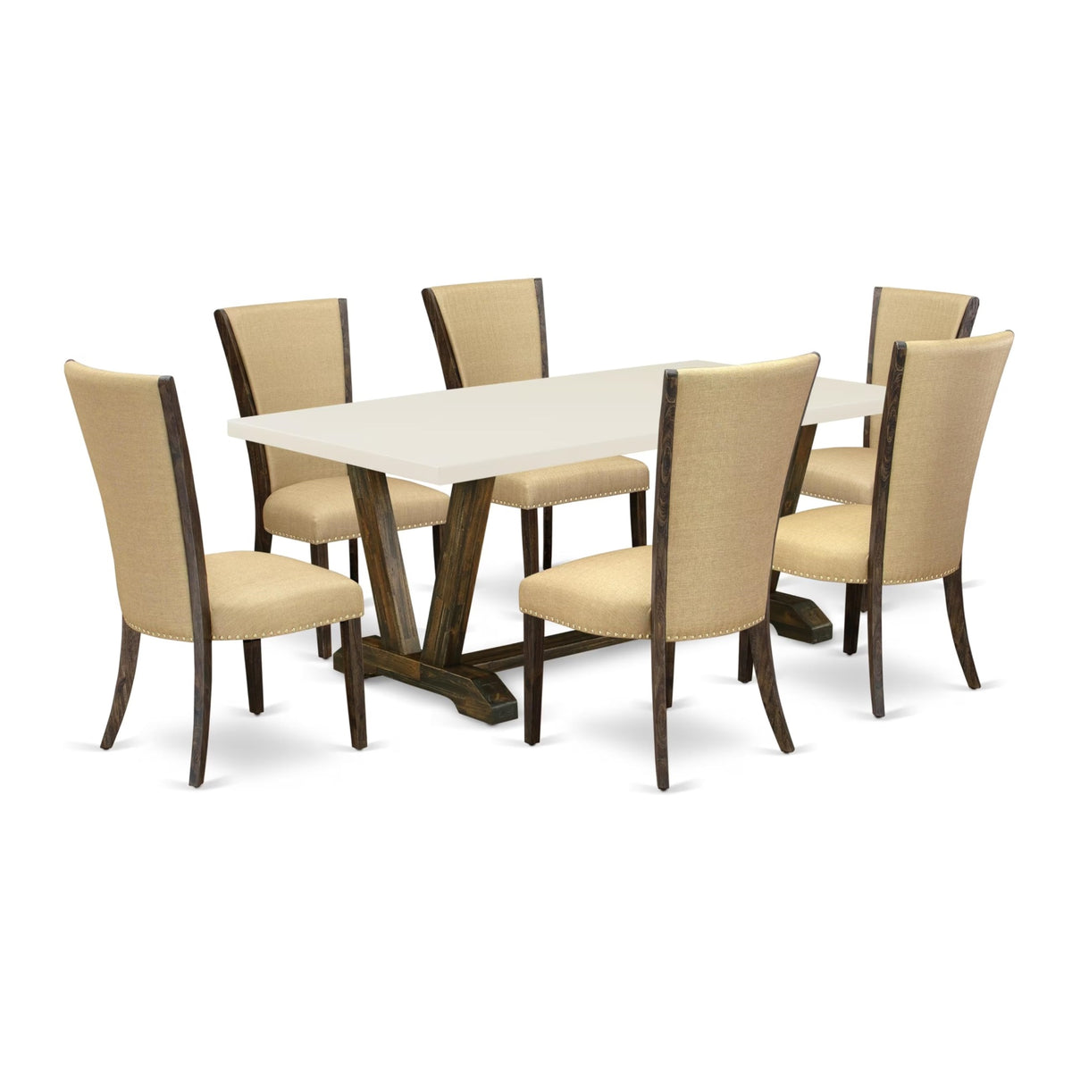 Casafoyer V-Style 7 Piece Set Consist Of A Rectangle Dining Room Table With V-Legs And 6 Brown Linen Fabric Upholstered Chairs, 40X72 Inch, Multi-Color